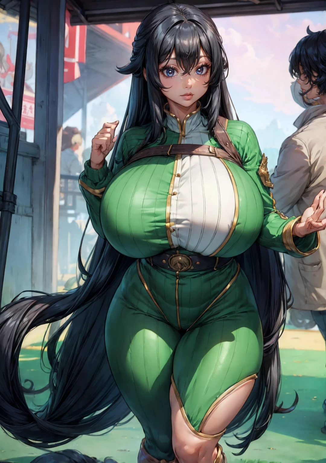 Best resolution, 12K, asui_tsuyu, massive round fake breasts, thicc body, thick thighs, wide hips, sexy outfit.