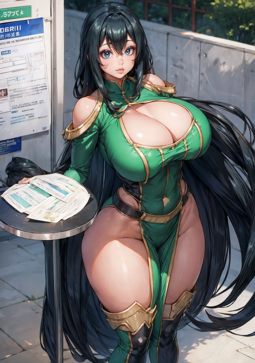 Best resolution, 12K, asui_tsuyu, massive round fake breasts, thicc body, thick thighs, wide hips, sexy outfit.