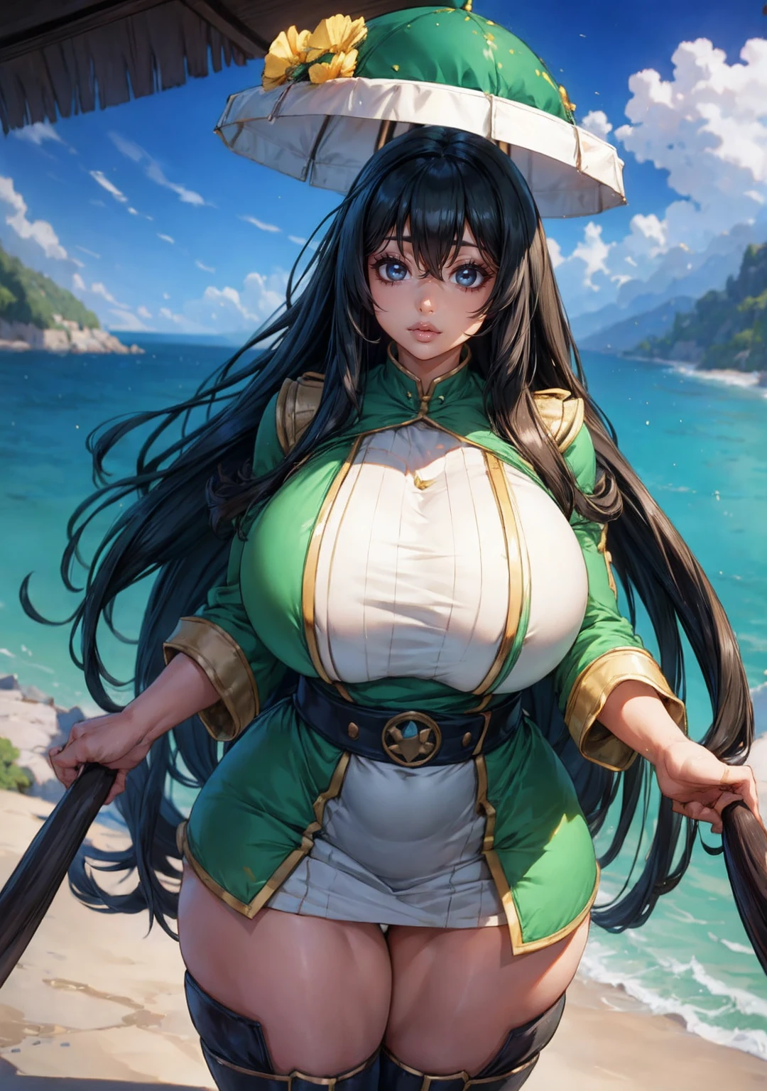 Best resolution, 12K, asui_tsuyu, massive round fake breasts, thicc body, thick thighs, wide hips, sexy outfit.