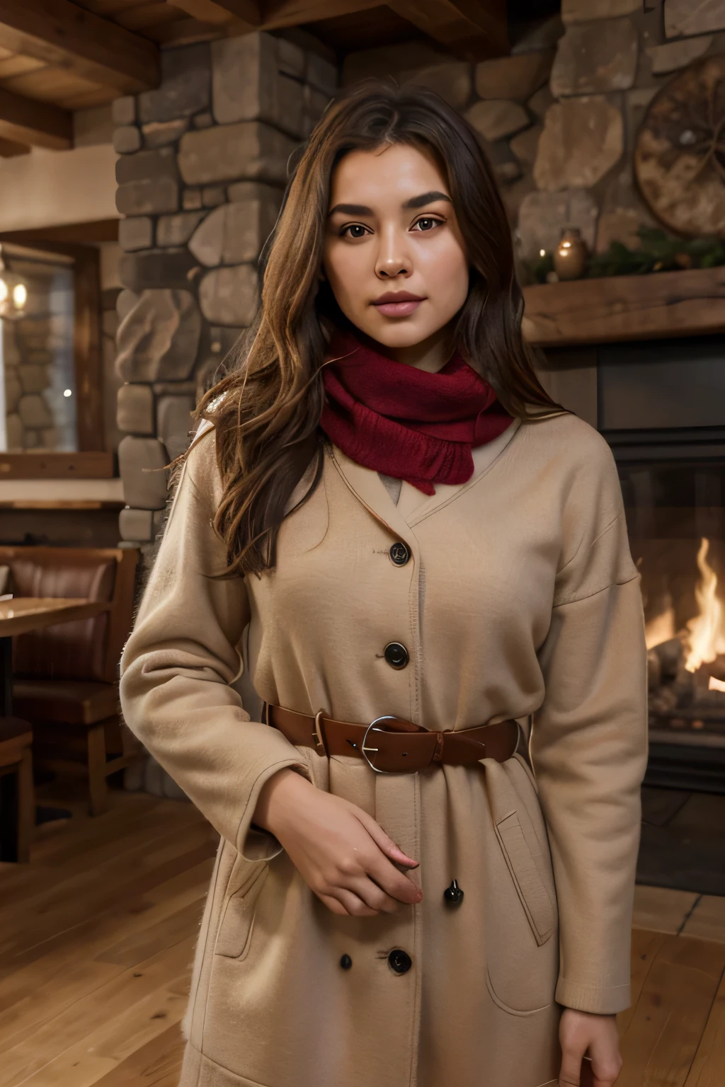 A beautiful girl chooses a chic wool dress with a belted waist, and a cashmere scarf. A statement coat adds a touch of sophistication. Ambient: The alpine restaurant is filled with the aroma of hearty winter dishes. Guests dine by the fireplace, surrounded by warm wooden décor and winter mountain views. She has a brown silky hair, big brown eyes, beautiful face, bright facial skin, beautiful hand, impression-less, very beautiful Instagram model, realistic image. Dynamic composition, motion, ultra - detailed, incredibly detailed, a lot of details, amazing fine details and brush strokes, smooth