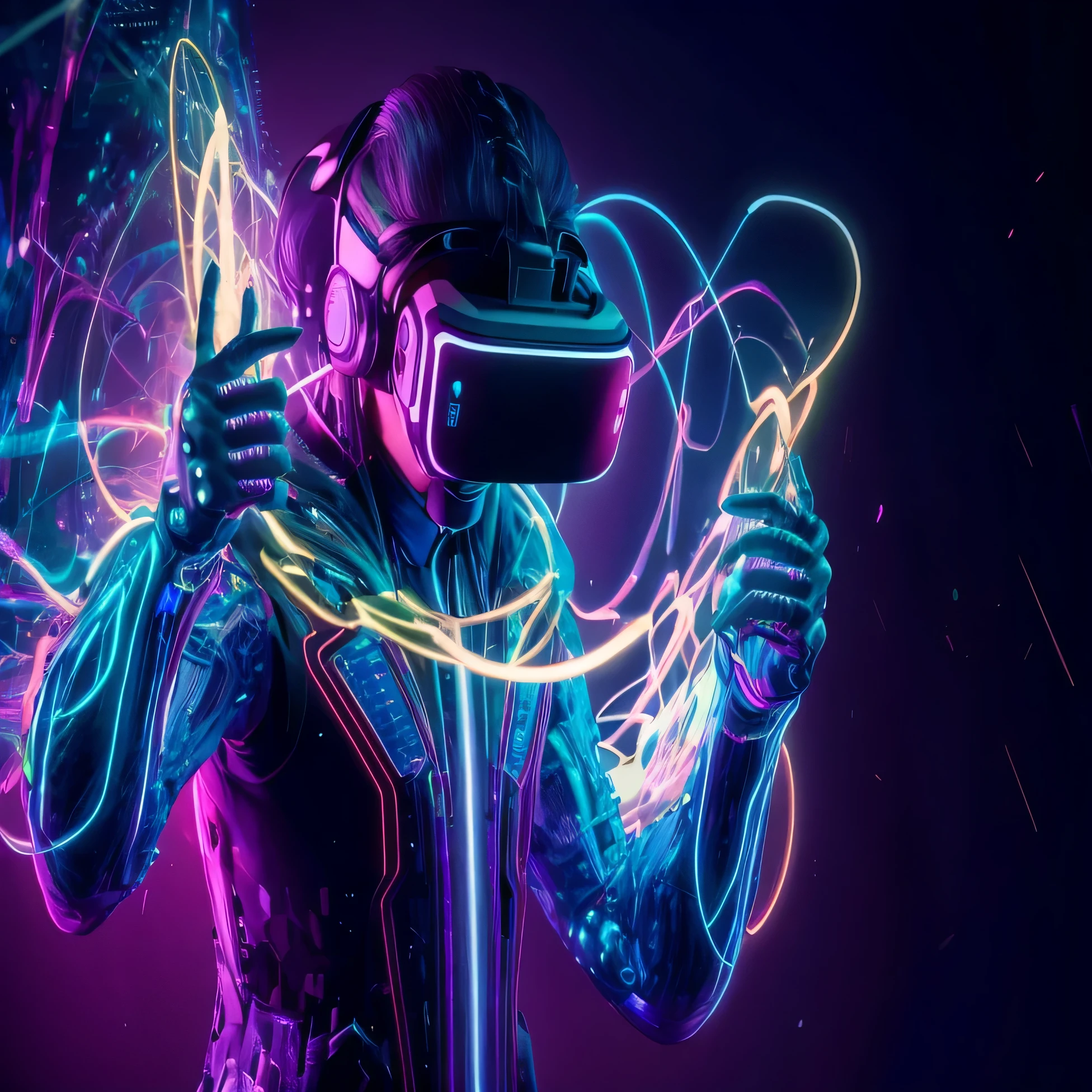 a man in a futuristic suit holding a pair of virtual glasses, Mais fundo no metaverso vamos, O metaverso criptografado, Sala Virtual do Metaverso, arte conceitual do metaverso, Jogo VR, cyberpunk with neon lighting, cyberpunk vibes, 3d arte digital 4k, fone de ouvido cyberpunk, 3D video game, 3D video game, Fone de ouvido VR futurista, cyberpunk cores vibrantes com fundo transparente