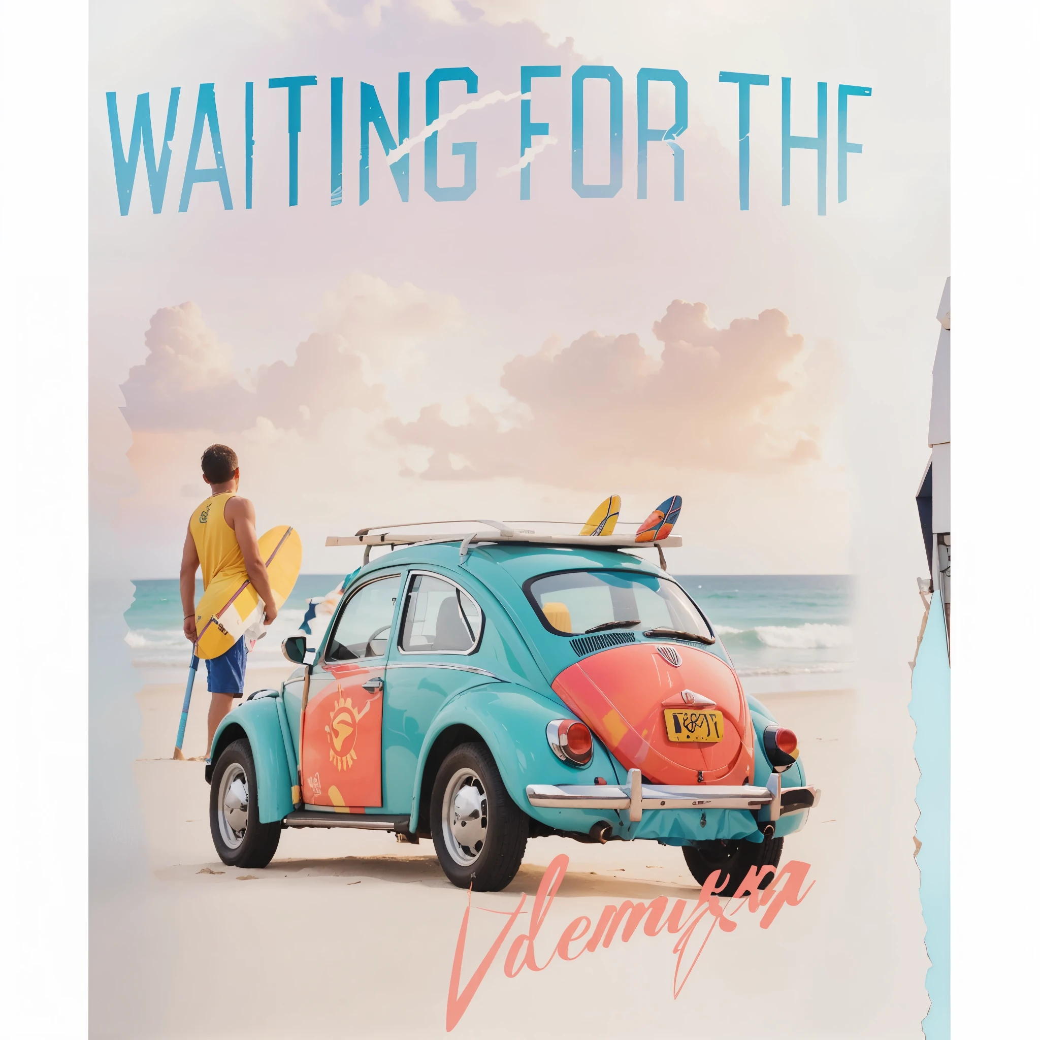 Volkswagen Beetle arado com prancha de surf nas costas, summer shirt, esperar, graphic print, Waring uma camisa havaiana, vestindo uma camiseta, summer scenery, standing near the beach, vestindo uma camiseta tie-dye, posing for the camera, na praia, estampado em uma camiseta de linho creme, ao sol, Parecendo quente