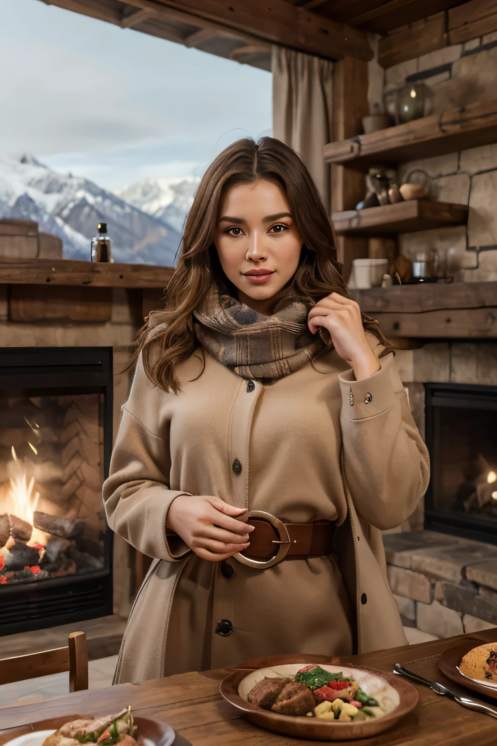 A beautiful girl chooses a chic wool dress with a belted waist, and a cashmere scarf. A statement coat adds a touch of sophistication. Ambient: The alpine restaurant is filled with the aroma of hearty winter dishes. Guests dine by the fireplace, surrounded by warm wooden décor and winter mountain views. She has a brown silky hair, big brown eyes, beautiful face, bright facial skin, impression-less, very beautiful Instagram model, realistic image. Dynamic composition, motion, ultra - detailed, incredibly detailed, a lot of details, amazing fine details and brush strokes, smooth.