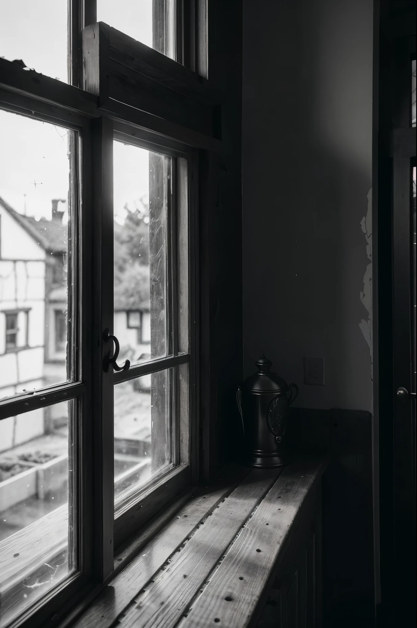 gritty, black and white, cobwebs, window, windowsill, close up, woodframe, old, rustic, photography, realism