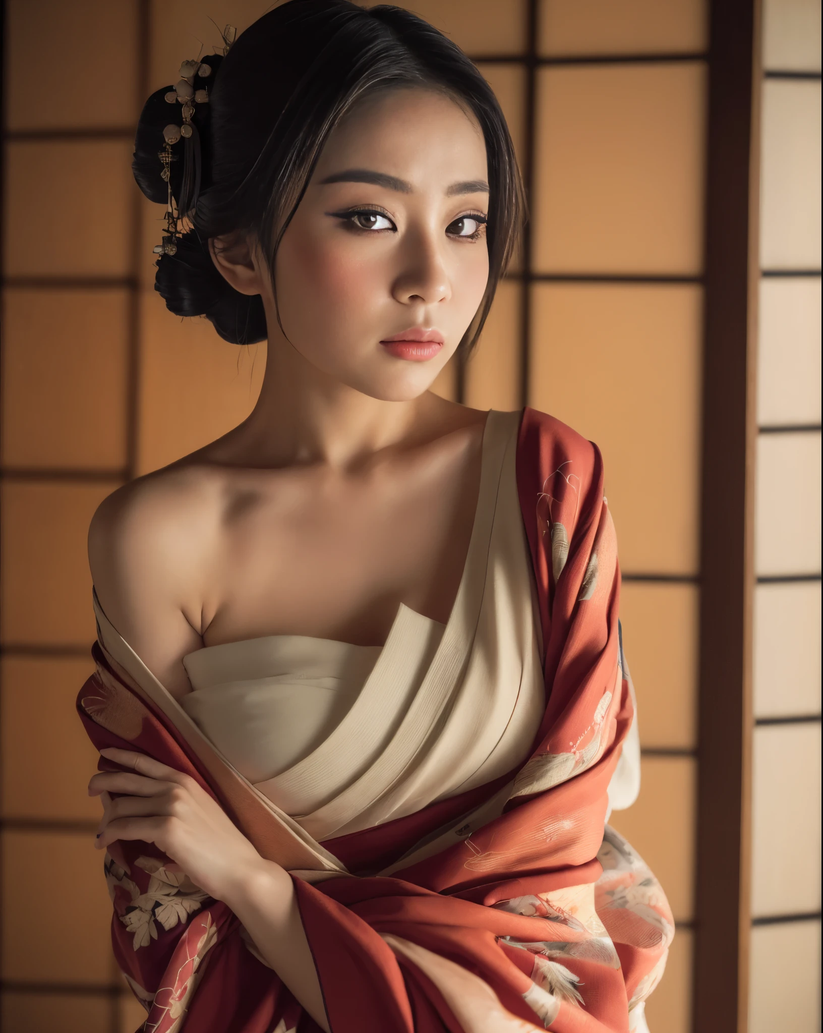 ((Best quality, 8k, Masterpiece :1.3)), Sharp focus:1.2 ((Beautiful geisha, full body portrait. in kimono.bare shoulders, and Shinobi)) Kiss. Bite your lip. Hug. Romantic, in the room •Tattooed neck detail. , Tattooed skin. Full Body_mix4, 20d, solo, photo-realistic:1.37