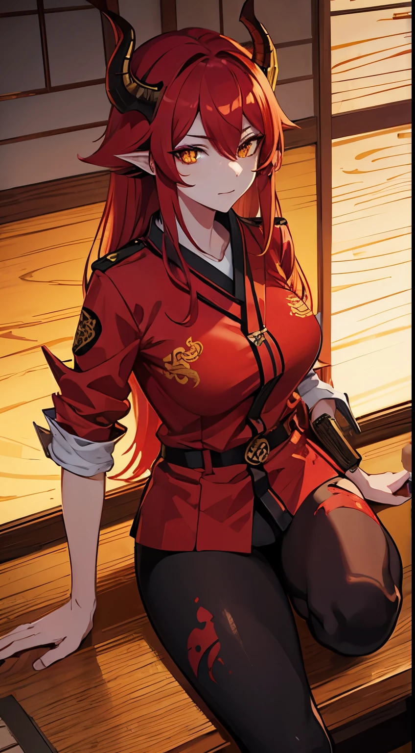 Yokai Dragon Fem With Red Skin and Hair, Yellow Eyes.