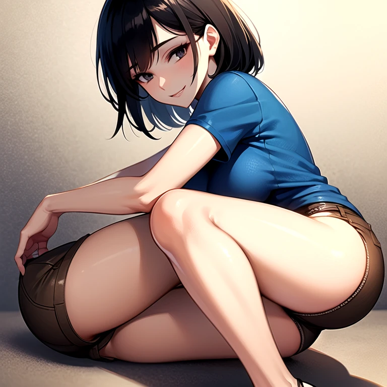 masterpiece, best quality, 1boy, solo, child, short hair, black hair, black eyes, blue t-shirt, shorts, brown pants, undersized clothes, looking at viewer, smile