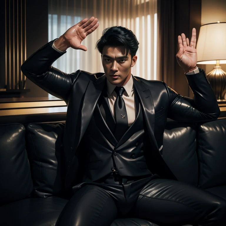 30 years old,daddy," shiny suit",Dad sat on sofa,k hd,in the office,"big muscle", gay ,black hair,"korean face",masculine,strong man,the boss is,handsome,sex,leather gloves,lecherous dad,look straight ahead,"dad is handsome","gay dad","handsome","raise your hand"