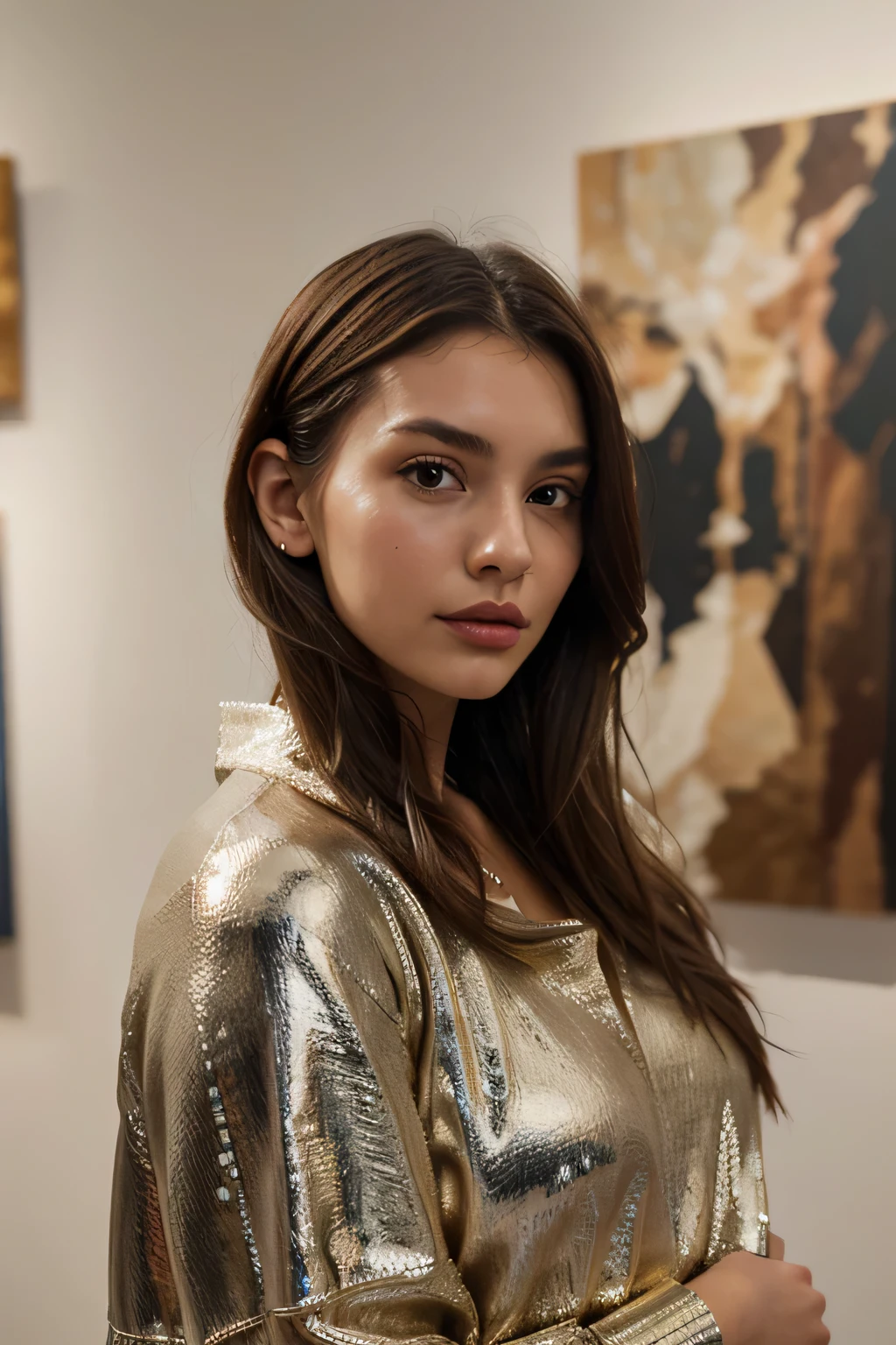 A beautiful girl wears an avant-garde winter-inspired dress, featuring textures like faux fur and metallic accents. Stylish contemporary jewelry complete the artistic ensemble. Ambient: The art gallery is adorned with winter-themed exhibits. Attendees mingle amidst sculptures and paintings, surrounded by the creative energy of the winter art scene. She has a brown silky hair, big brown eyes, beautiful face, bright facial skin, hide hands, impression-less, very beautiful Instagram model, realistic image. Dynamic composition, motion, ultra - detailed, incredibly detailed, a lot of details, amazing fine details and brush strokes, smooth.