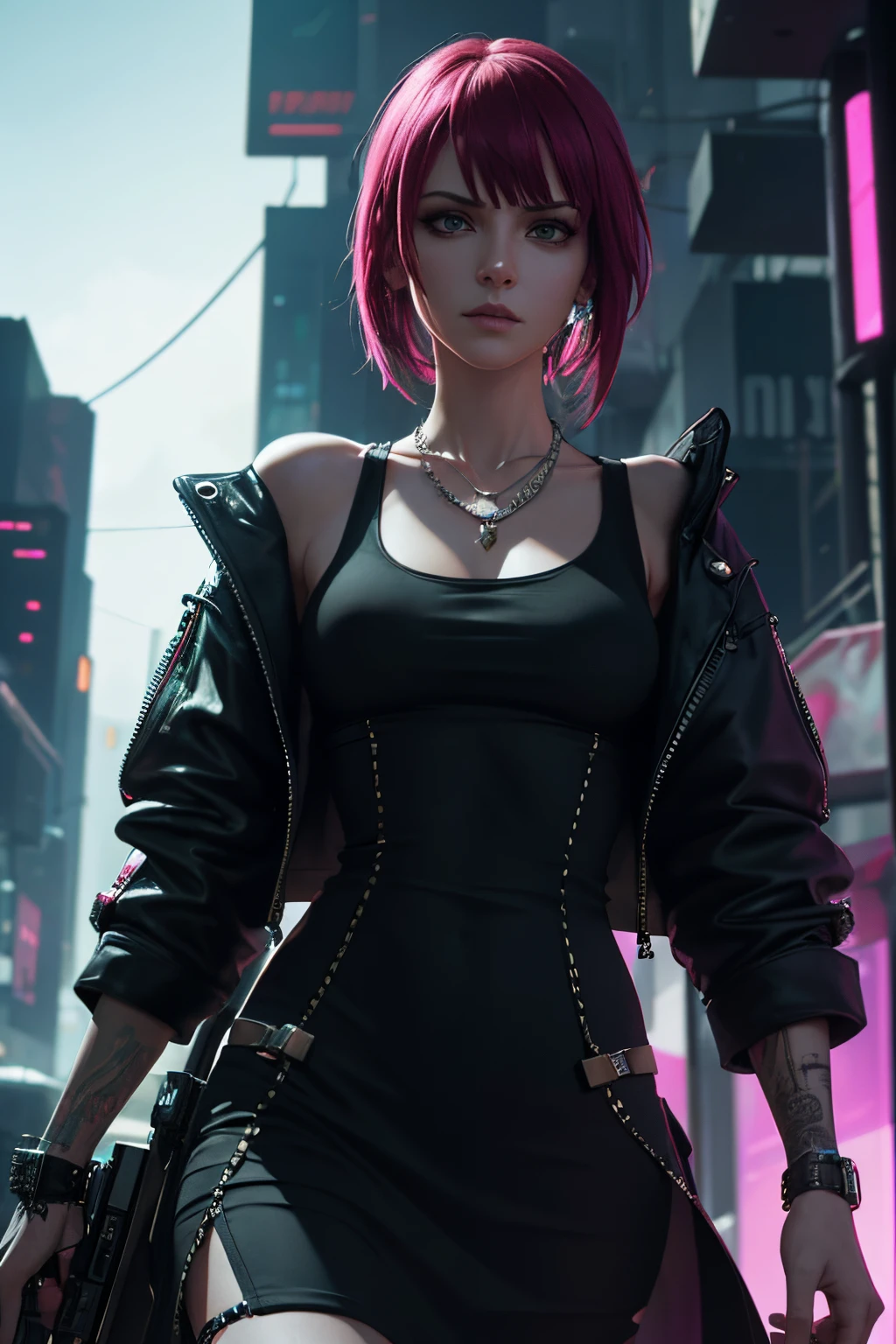 A skinny lady in a t-shirt dress with a deep necklace cut, depicted in a cyberpunk style. The woman has a punk aesthetic and is illuminated by realistic lighting and shaders. Her face and eyes are particularly detailed, with a 1.2x emphasis on their intricacy. The artwork should exhibit the best quality, with a 4k or 8k resolution, high levels of detail, and a photorealistic appearance. The color palette should reflect the cyberpunk theme, and the lighting should enhance the overall ambiance of the image.