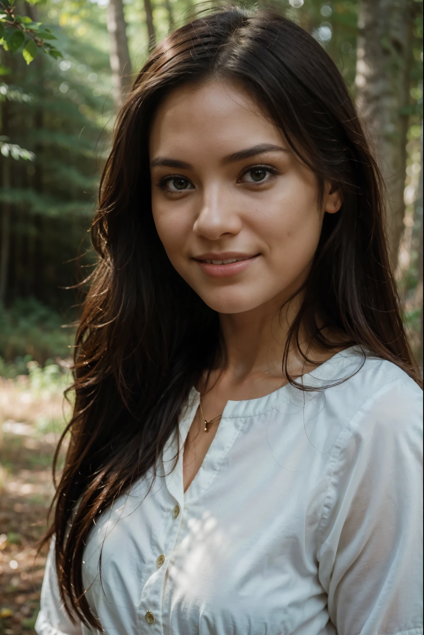 portrait, Closeup, Look at the camera, very detailled face, ultra-real skin, smile, Best quality, Woman in the forest, EricaCampbell, Nikon D850 Film Stock Photography 4 Kodak 400 Camera F1.6 lens-rich colors realistic texture natural lighting trend on ArtStation Cinestill 800, (100 mm lens), Long hair