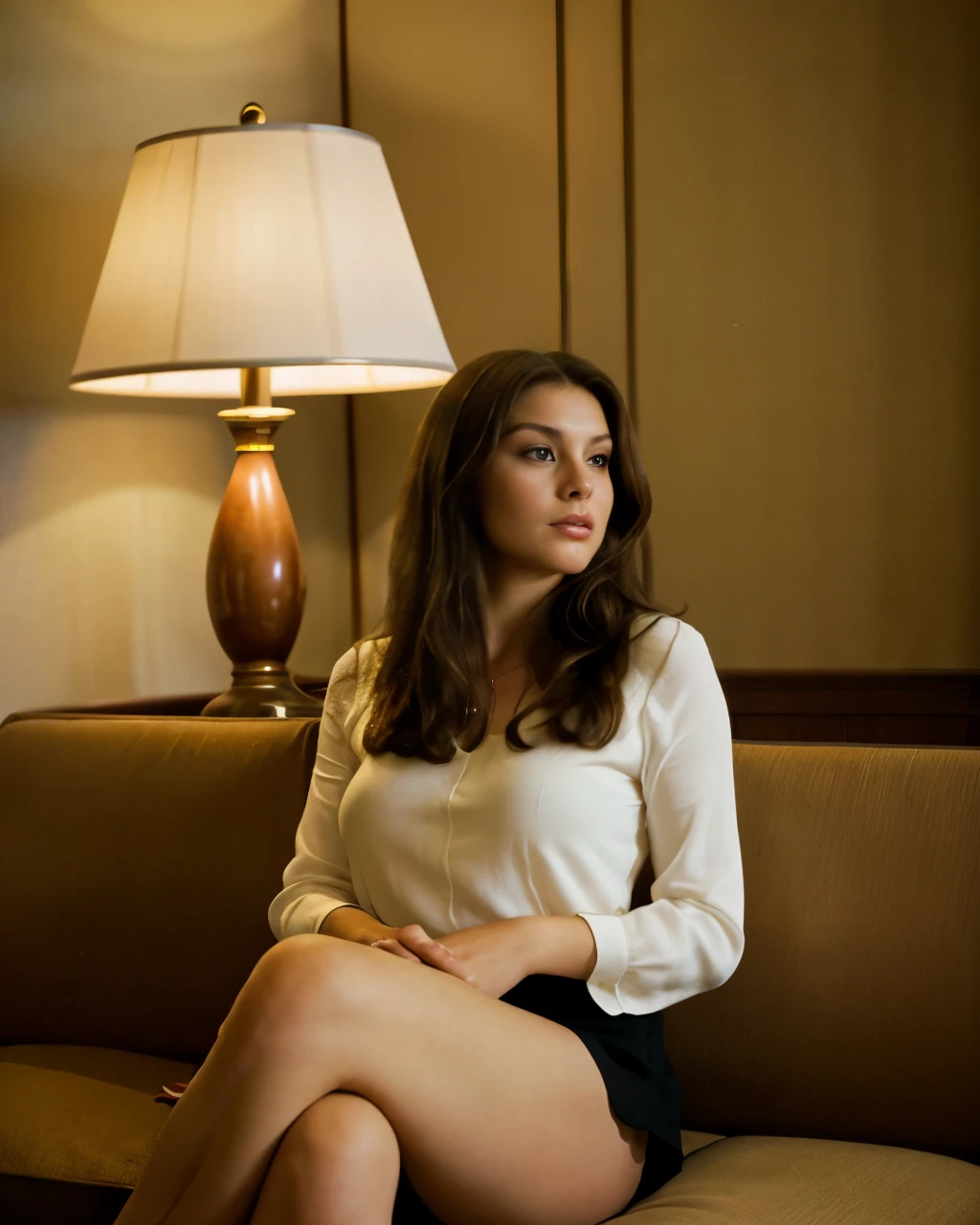 brunette woman, sitting on a couch, elegant hotel hall of the 70s, low light, lamp, low key