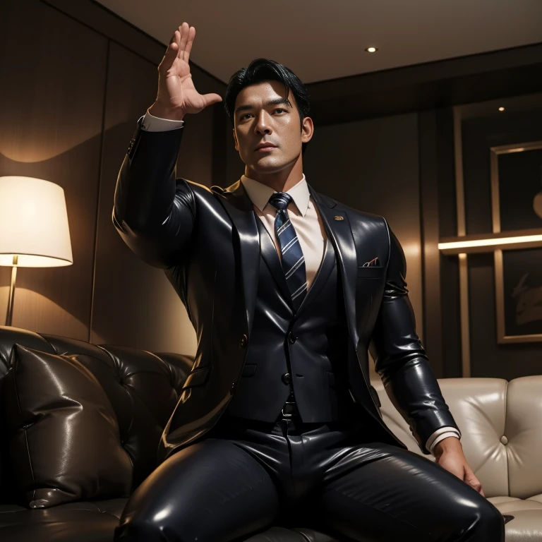 30 years old,daddy," shiny suit",Dad sat on sofa,k hd,in the office,"big muscle", gay ,black hair,"korean face",masculine,strong man,the boss is,handsome,,leather gloves,????????? dad,look straight ahead,"dad is handsome","gay dad","handsome","raise your hand"