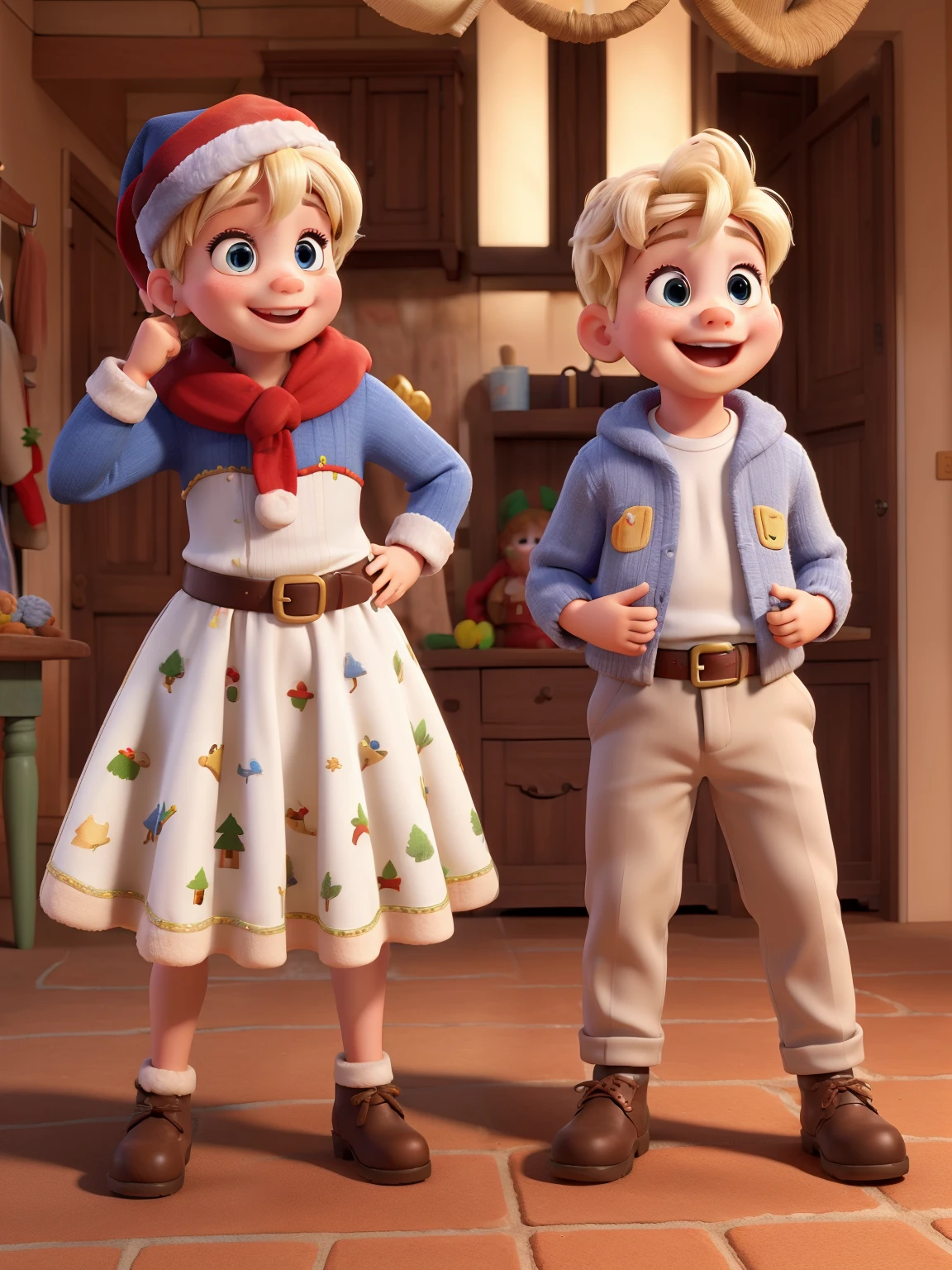 Two happy babys, roupas papai noel, tema natallino, blond hair, alta qualidade, estilo disney pixar