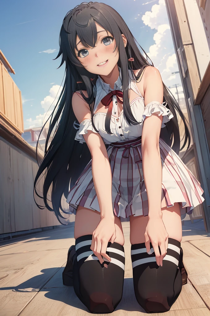 (masterpiece, best quality:1.2), cowboy shot, solo, 1girl, yukinoshita yukino, ((smile1.4)), ((looking at viever:1.4)), ((Sky from below:1.4)), ((full body)), (on all fours:1.4)), ((thighhighs)), outside, ((blushing:1.4)),