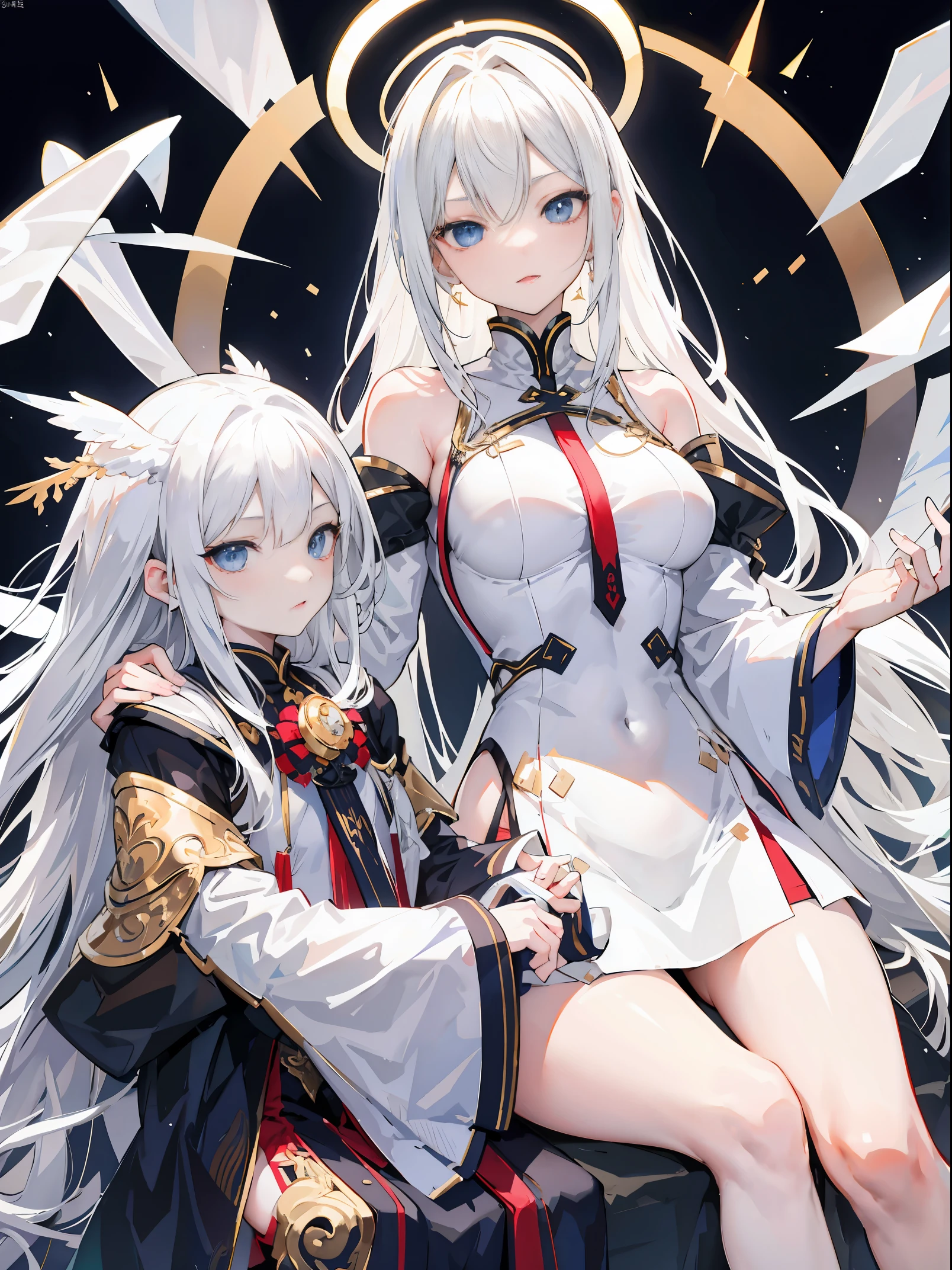 light skin color, white hair color long hair, Bigchest, 1:70, sexy for, angelicales, Overhead halo, yellow-eyed, 一个sexy for姿势, angelicales们, 26 year old, angelicales印记, The girl holds one, White hair, eBlue eyes, Mother and daughter.Squat down and open your legs