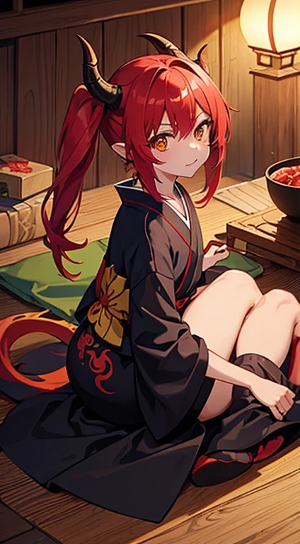 Little Girl Yokai Dragon With Red Skin And Hair, Yellow Eyes.