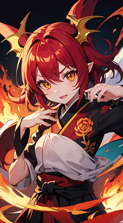 Yokai Dragon With Red Skin And Hair, Yellow Eyes.