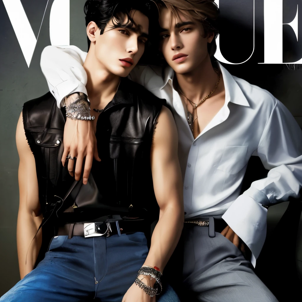 araffe magazine cover of two young men sitting on a chair, photo from vogue magazine, photo for vogue, from vogue magazine, photoshoot for vogue magazine, for vogue, vogue photo, vouge, vogue cover photo, cover of vogue, vogue photoshoot, vogue render, vogue cover poses, vogue magazine, vogue editorial, vogue cover, vogue style, vogue
