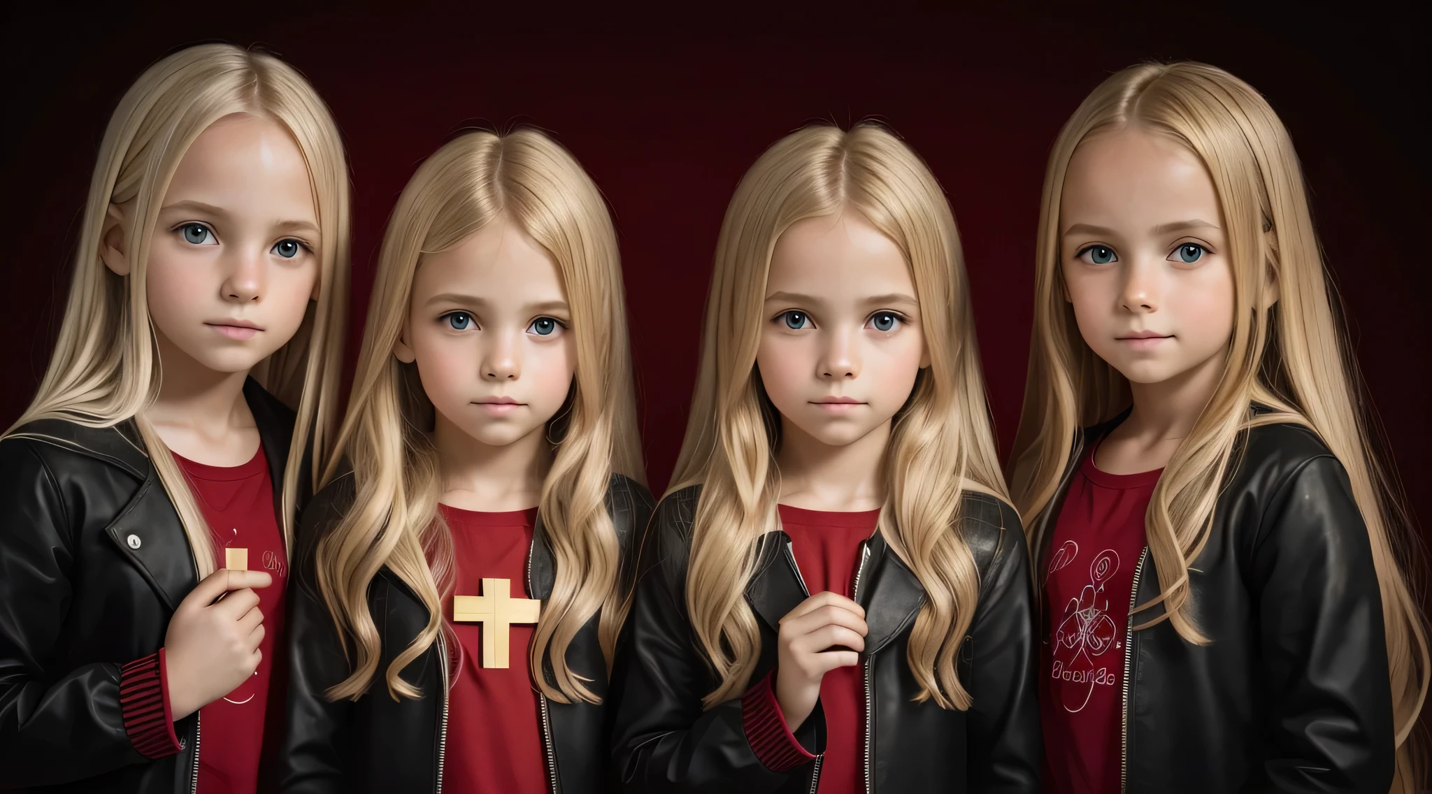 Um meio corpo, Portrait of 3 girls German  long blonde hair of 12 yearsas couro vermelhas, holding in his hands a cross, fundo de Atuals, Atual, mais Atuals , muitas Atuals, , vermelhas, fogo vermelho,fundo vermelho, LASER PRETO PRETO.