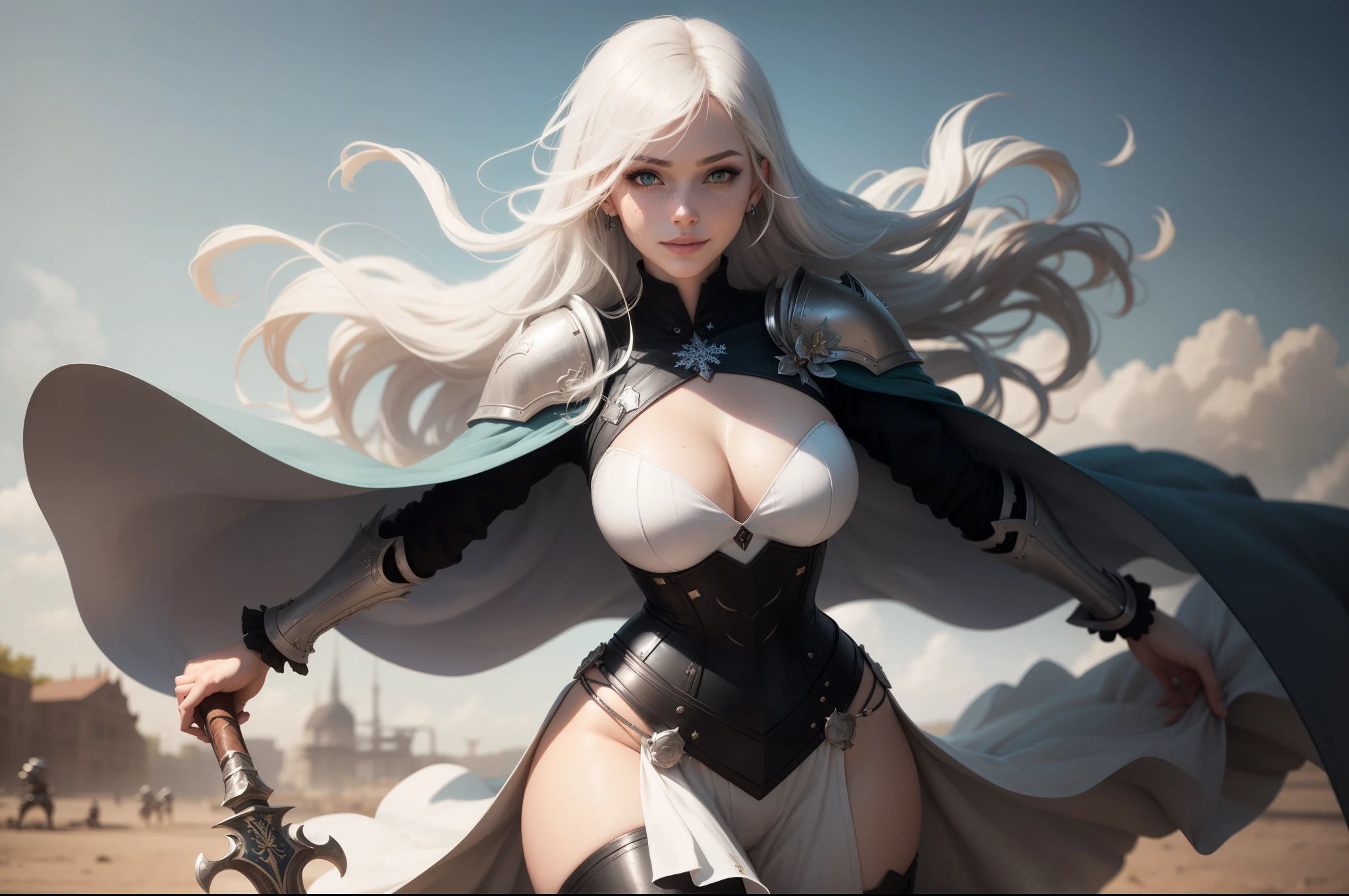 gwen tennyson,yorha 2b,riven,tracer,1girl, overwatch,atelier ryza,close up,battlefield view,tattoos,royal gray and white plugsuit,white short sleeve knight tunic,short sleeve knight full plate armor,long knight skirt,white knight corset,long hair,princess makeup,green eyes,multicolored silver hair,long dress train,shy smile,freckles,beautiful girl, knight thigh high boots,large breasts,8k,ultra detailed,realistic,fantasy art,steel knight uniform,queen gown dress,hair pin,ear piercings,snowflake hand and neck jewelry,(weather:windy),long gray knight cape,holding a sword on each hand,(pose:ready to attack),solo girl,
