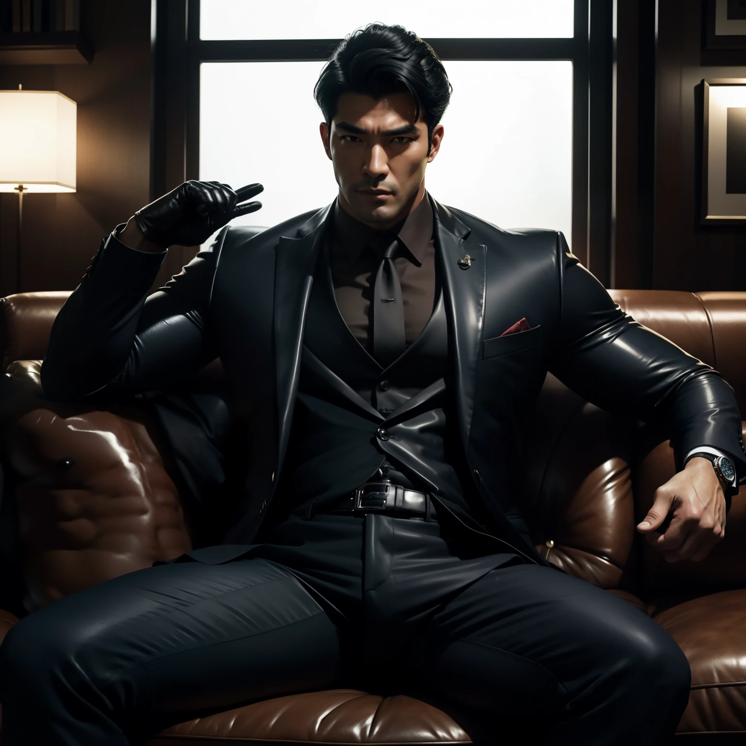 30 years old,daddy," shiny suit",Dad sat on sofa,k hd,in the office,"big muscle", gay ,black hair,"korean face",masculine,strong man,the boss is,handsome,sex,leather gloves,lecherous dad,look straight ahead,"dad is handsome","gay dad","handsome","raise your hand"