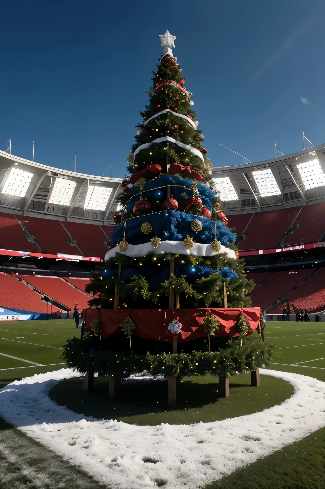 beautiful christmas football tree on stadium in white, blue and red colors with words grunwald budziwoj rzeszów