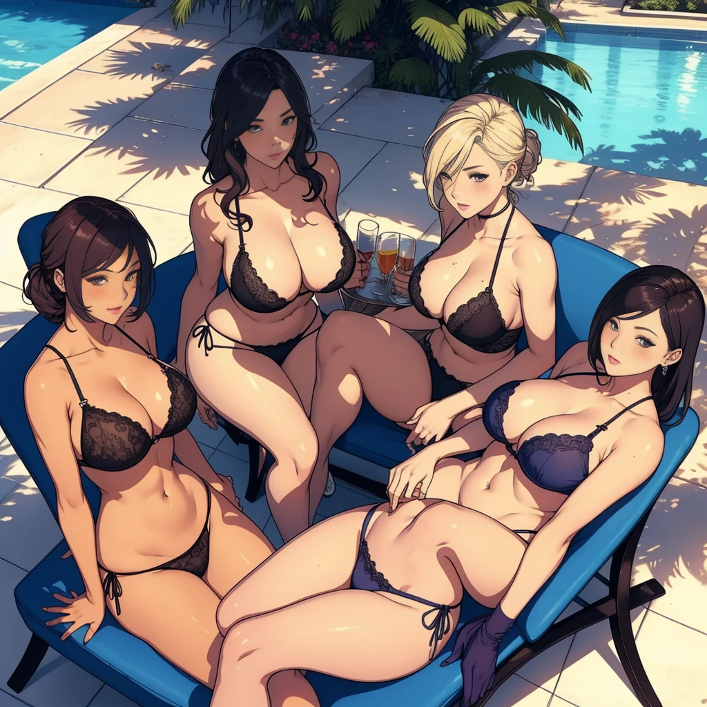 multiple thick body females at the pool daytime, all females wearing long slit dress panties exposed, all females wearing different style lace pattern bra and panties, some females lounging on long lounge chairs side by side,