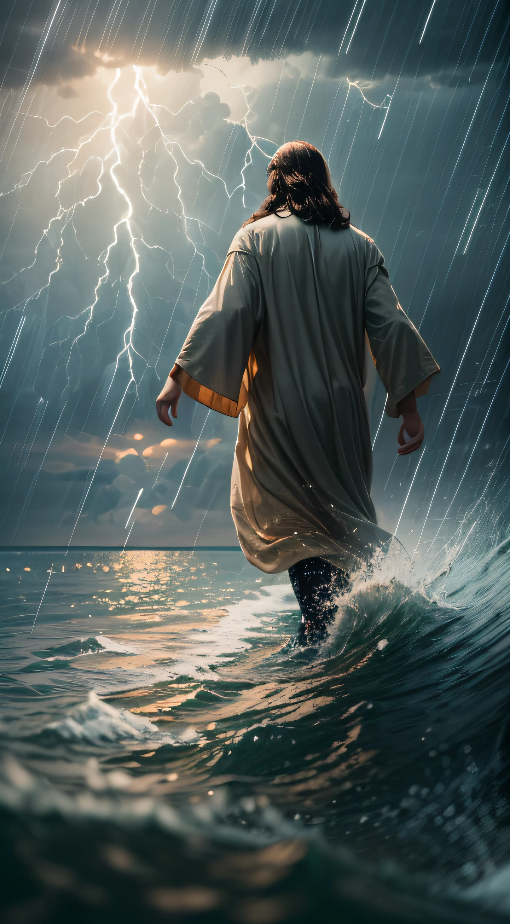 jesus walking on water in a storm, masterpiece, best quality, high quality, extremely detailed CG unit 8k wallpaper, award winning photography, Bokeh, Depth of Field, HDR, bloom, Chromatic aberration, photorealistic, extremely detailed, trending on artstation, trending on CGsociety, intricate, high detail, dramatic, mid-journey art, volumetric lighting