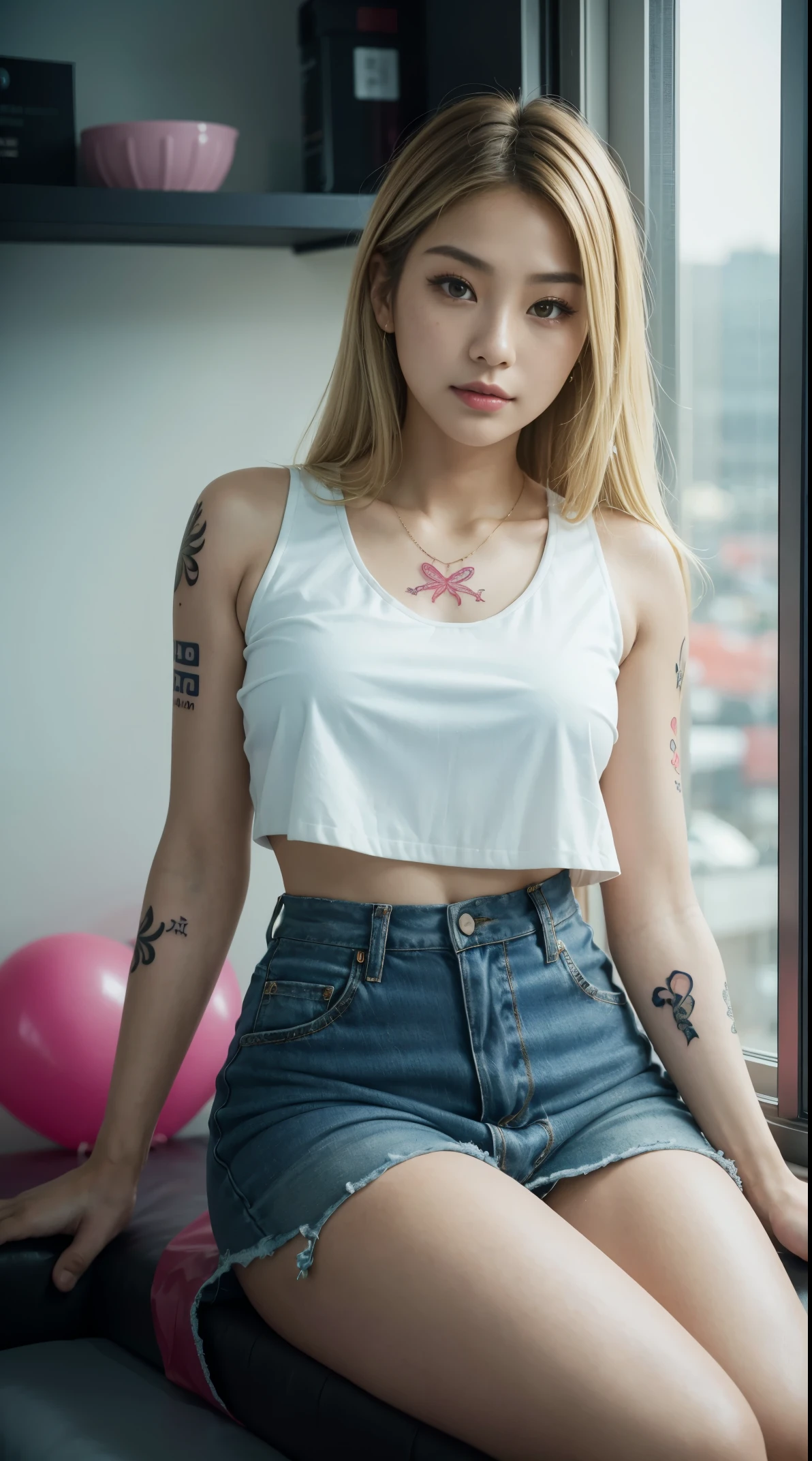 50 years old, gorgeous cute  Turkish girl, smirk, freckles, polaroid photo, (dark skin:1.5), (medium blonde hair:1.6), leogirl, araffe is sitting on a window ledge with a heart shaped balloon, heonhwa choe, jaeyeon nam, xintong chen, korean girl, louise zhang, wenfei ye, dilraba dilmurat, gongbi, blackpink jennie, gorgeous young korean woman, xision wu, jossi of blackpink, leaked image, gemma chen, famous beautiful model, good young girl, (masterpiece:1.0),(best_quality:1.0), ultra high res,4K,ultra-detailed, photography, 8K, HDR, highres, absurdres:1.2, Kodak portra 400, blurry background, bokeh, lens flare, (vibrant_color:1.2),professional photograph, (the_tattoo:1.4), (beautiful_face:1.5),(narrow_waist). --v 6