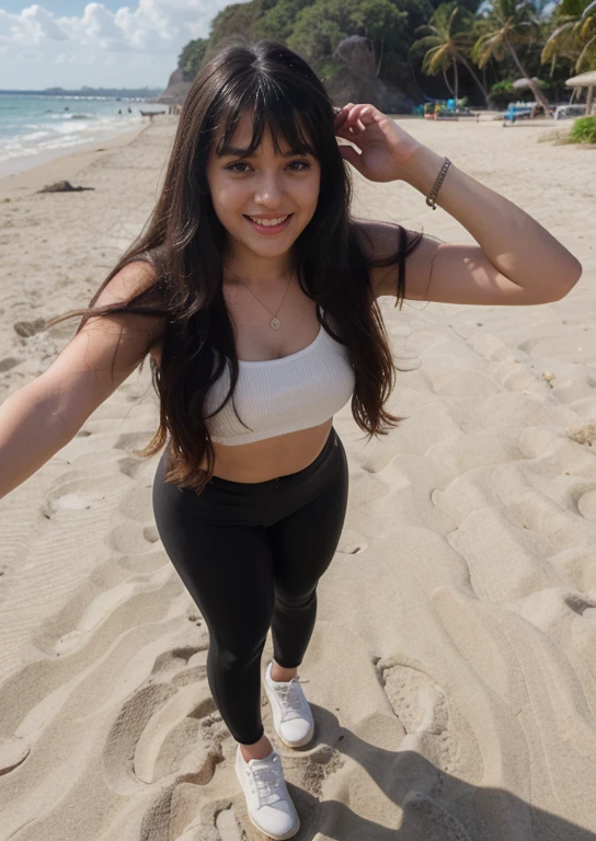 Full body photo of a pretty young 1girl, laughing,  big cheeks, very long hair,  black hair, side-swept bangs, side fring hair, Mid-rise leggings in black, Chain Necklace, Full body, Beautiful white sand beach , best quality, realistic, 8k,