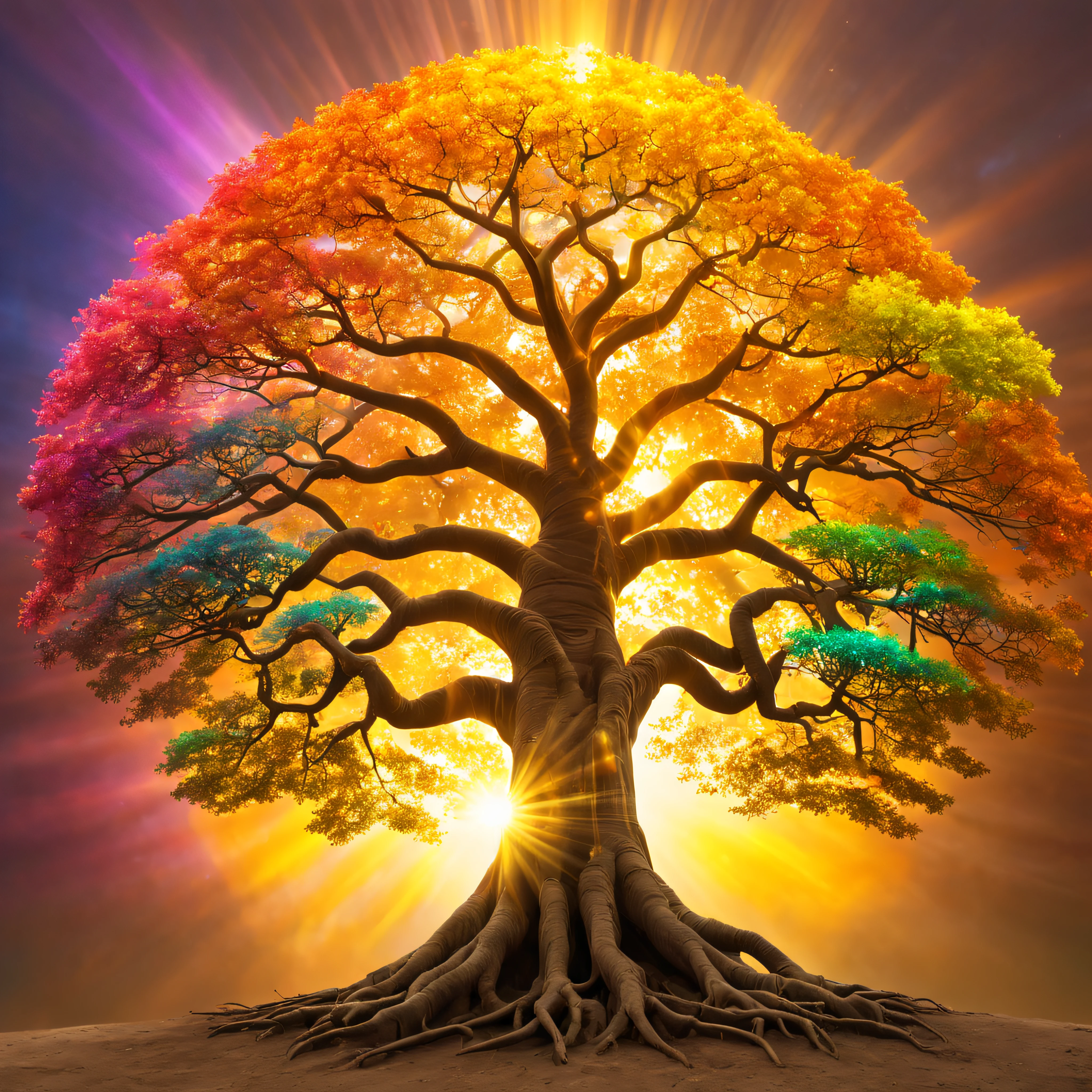 Bodhi tree, symbol of Buddhism, iridescent in rainbow colors, with a golden aura around him with a very bright divine light descending from the sky, High Definition Image, detalhamento alto e estilo fotorrealismo. Imagem com pelo menos 300 dpi, UHD 8k