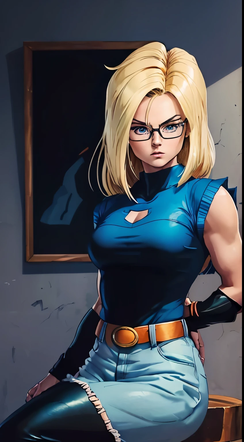 best quality,ultra-detailed,realistic,android 18,Velma Dinkley in a high-resolution portrait,android 18's detailed face and features,blonde hair with short bangs,brown eyes,square glasses,serious expression and confident gaze,posing in a studio setting,android 18's signature outfit with a white short-sleeved shirt,black vest,blue jeans,and black boots,body language reflecting her strength and determination,background with a touch of mystery and adventure,dark and moody lighting with shadows and highlights,painting-like texture with vivid colors to enhance the portrait effect,comic book style inspired by Scooby-Doo's retro theme,highlighting Velma's intelligence and bravery.