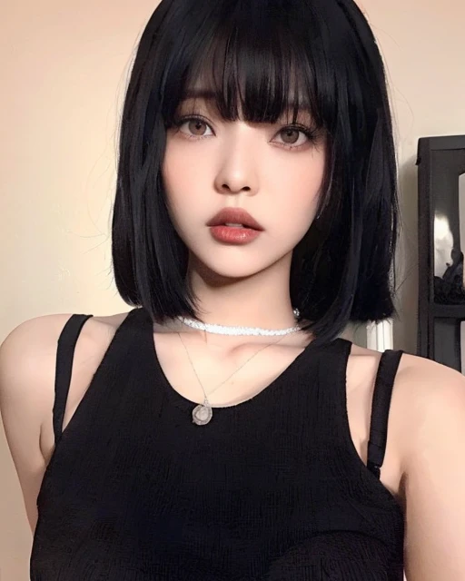 Un primer plano de una mujer con un top negro y un collar, cruel korean goth girl, Cabello negro Hime cortado, Ella tiene el pelo negro con flequillo, ulzzang, Peinado blanco de corte hime, cabello blackbangs cabello, con el pelo corto with bangs, Chica coreana, Pelo negro corto con flequillo, flequillo negro, goth girl aesthetic, con el pelo corto