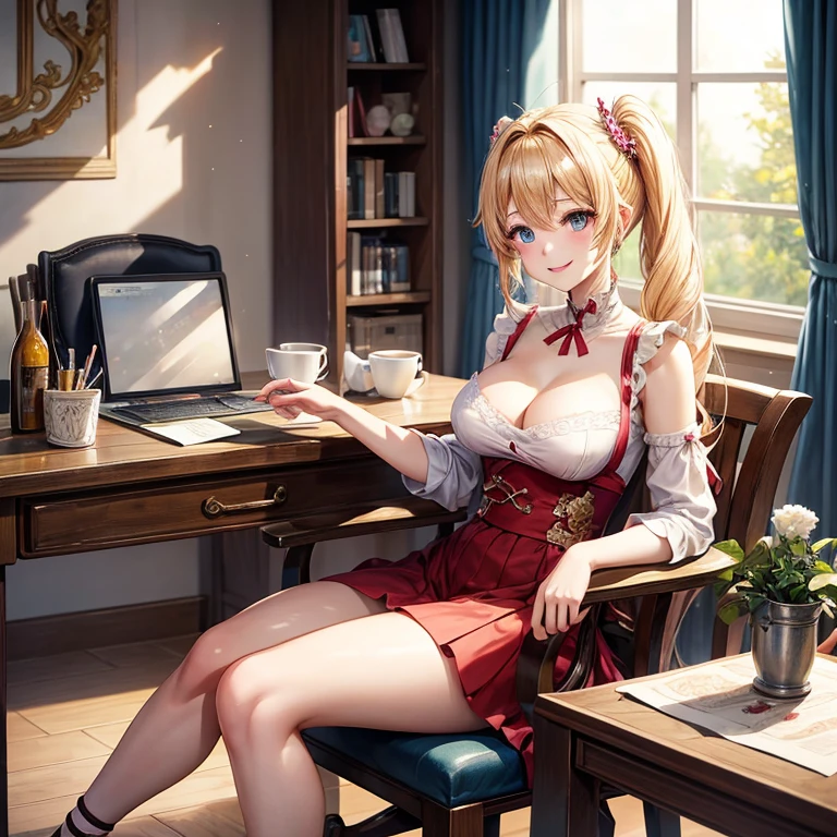 animesque、a beauty girl、The table、sit a chair、lecture、a blond、poneyTail、A smile、Beautiful breasts
