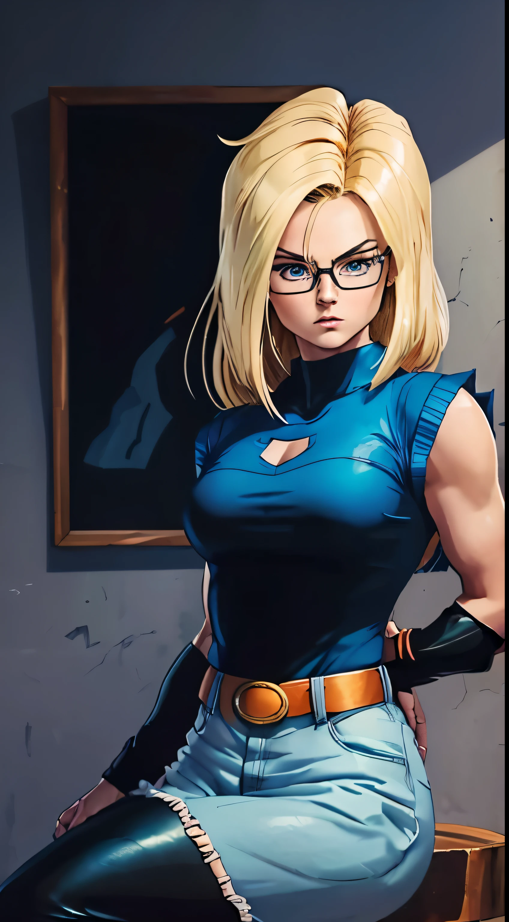 best quality,ultra-detalhado,Realistic,Android 18,Velma Dinkley in a high resolution portrait,Android 18's detailed face and features,Cabelo loiro com franja curta,olhos castanhos,square glasses,serious expression and confident look,posing in a studio environment,Android 18's signature outfit with a white short-sleeved shirt,colete preto,blue jeans,e botas pretas,body language reflecting your strength and determination,background with a touch of mystery and adventure,dark, moody lighting with shadows and highlights,Painting-like texture with vivid colors to enhance the portrait effect,comic book style inspired by the retro Scooby-Doo theme,highlighting Velma's intelligence and bravery.