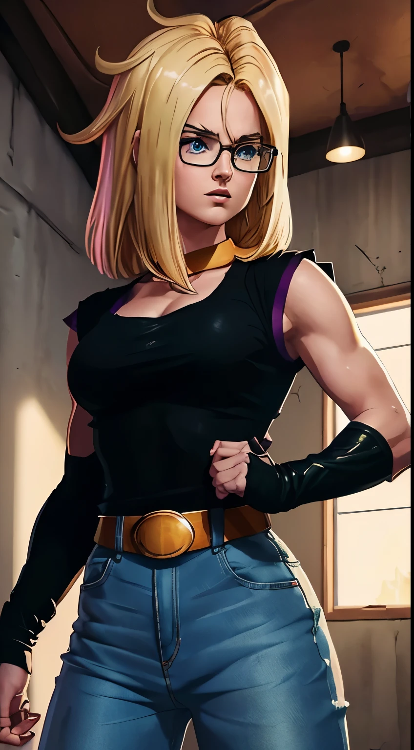 best quality,ultra-detailed,realistic,android 18,Velma Dinkley in a high-resolution portrait,android 18's detailed face and features,blonde hair with short bangs,brown eyes,square glasses,serious expression and confident gaze,posing in a studio setting,android 18's signature outfit with a white short-sleeved shirt,black vest,blue jeans,and black boots,body language reflecting her strength and determination,background with a touch of mystery and adventure,dark and moody lighting with shadows and highlights,painting-like texture with vivid colors to enhance the portrait effect,comic book style inspired by Scooby-Doo's retro theme,highlighting Velma's intelligence and bravery.