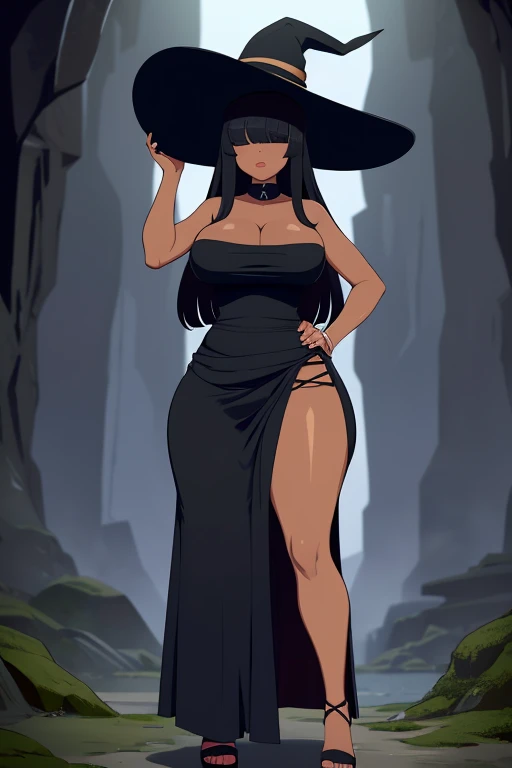 (((Bangs Covering Eyes))), black hair, thick lips.Long hair. Dark skin, full body standing , (((Hands on waist))), Black dress, cleavage, , Strapless dress,Thick thighs, big breasts, Sexy witch dress. bruja hat, inside a cave, walking sexually. Skirt that wraps hips