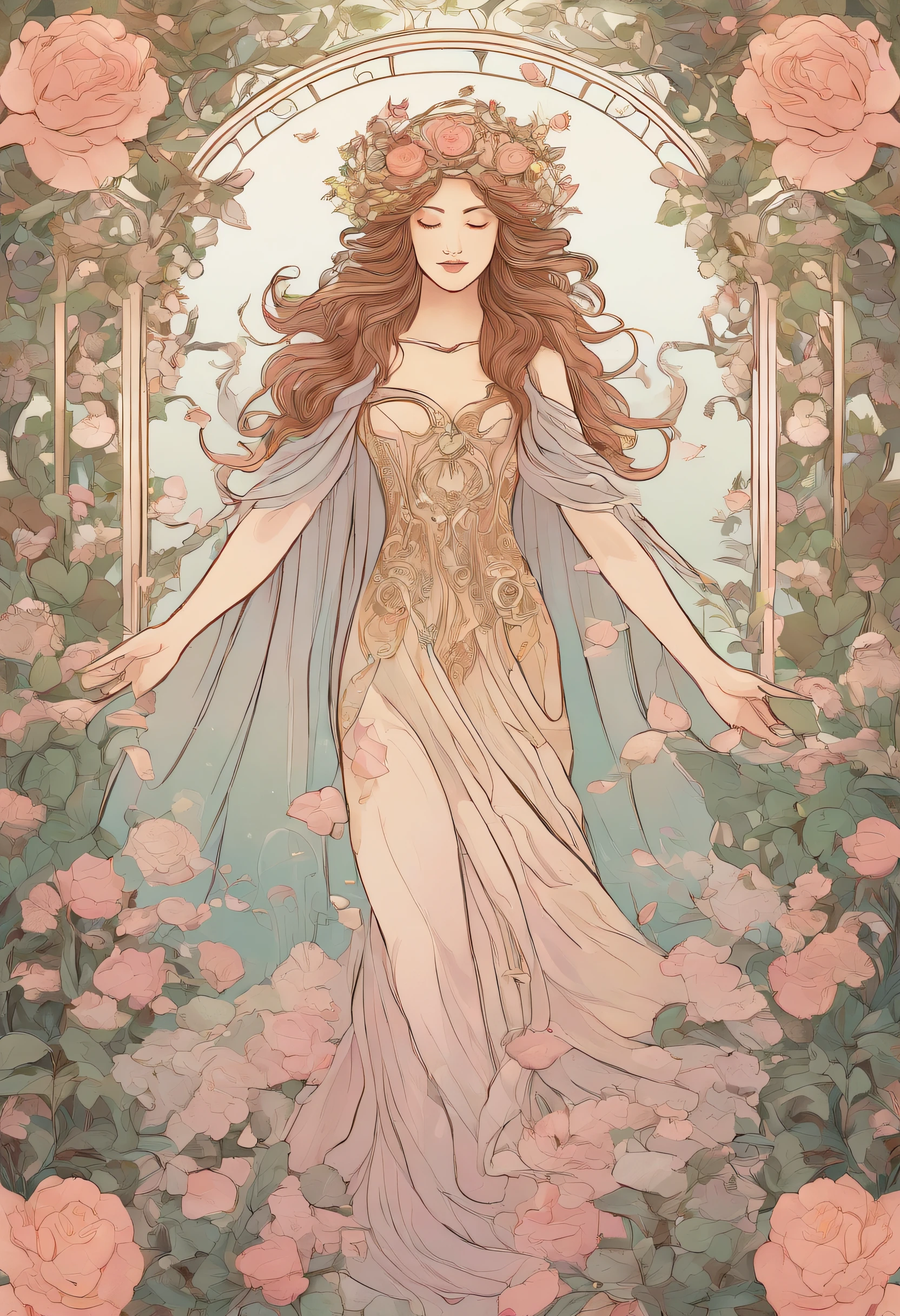 Art Nouveau illustration of a divine goddess, heavenly ascension, lush rose garden, delicate rose petals, serene and graceful posture, flowing gown and wavy hair, ethereal beauty, floral crown with intricate details, soft pastel color palette, natural lighting, gentle and dreamy atmosphere, best quality, highres, ultra-detailed, art nouveau, divine goddess, heavenly ascension, rose garden, delicate petals, ethereal beauty, pastel colors, natural lighting