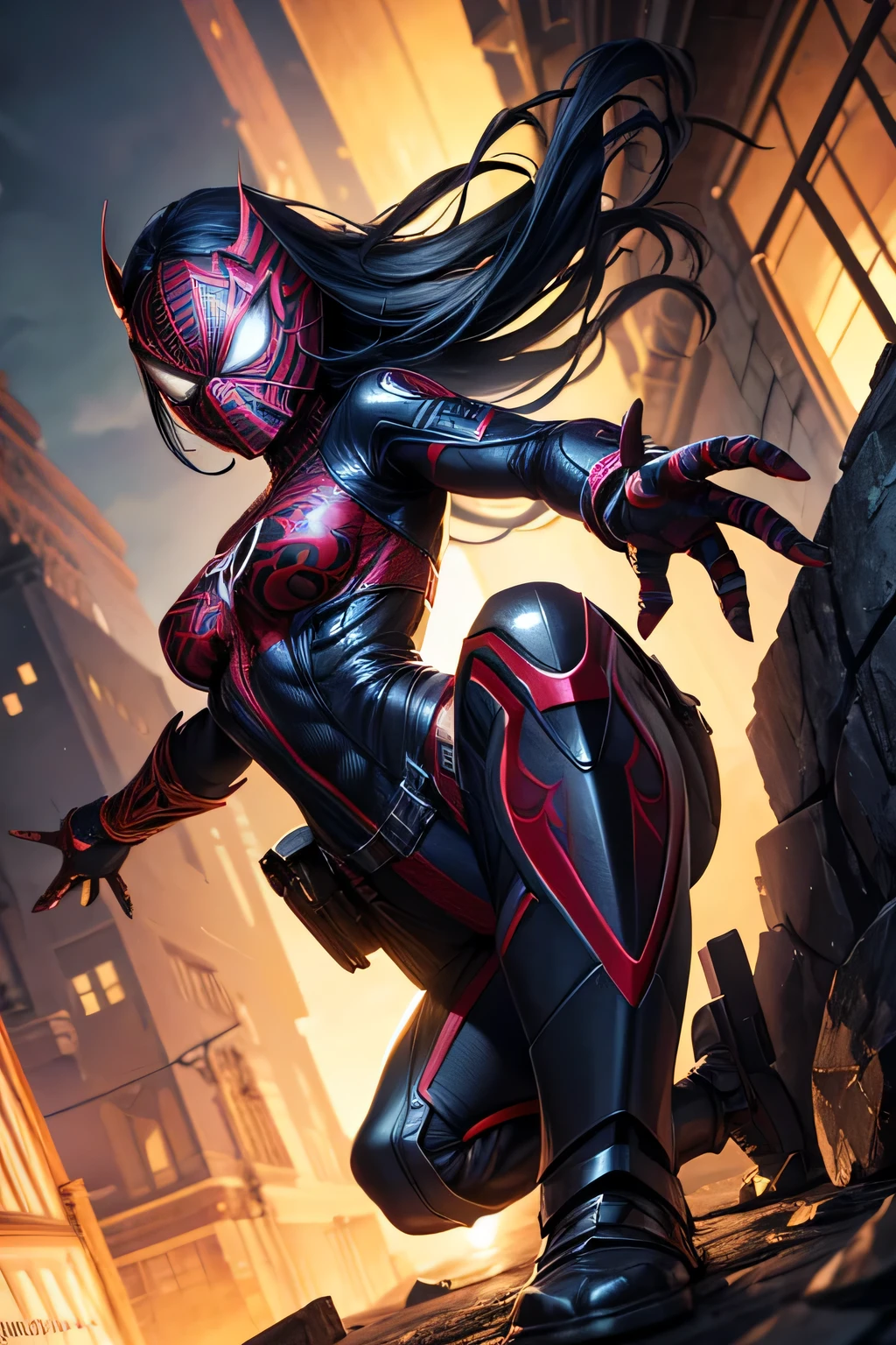 Superhero Spidergirl, full face mask,on roof, combat stance, highly detailed, vibrant appearance, creative behavior, extremly detailed, imaginative, , spontaneous, highest quality, skin texture, intricate details, (cinematic lighting), RAW photo, 8k, masterpiece,best quality,ultra-detailed,very detailed illustrations,extremely detailed,intricate details,highres,super complex details,extremely detailed 8k cg wallpaper,