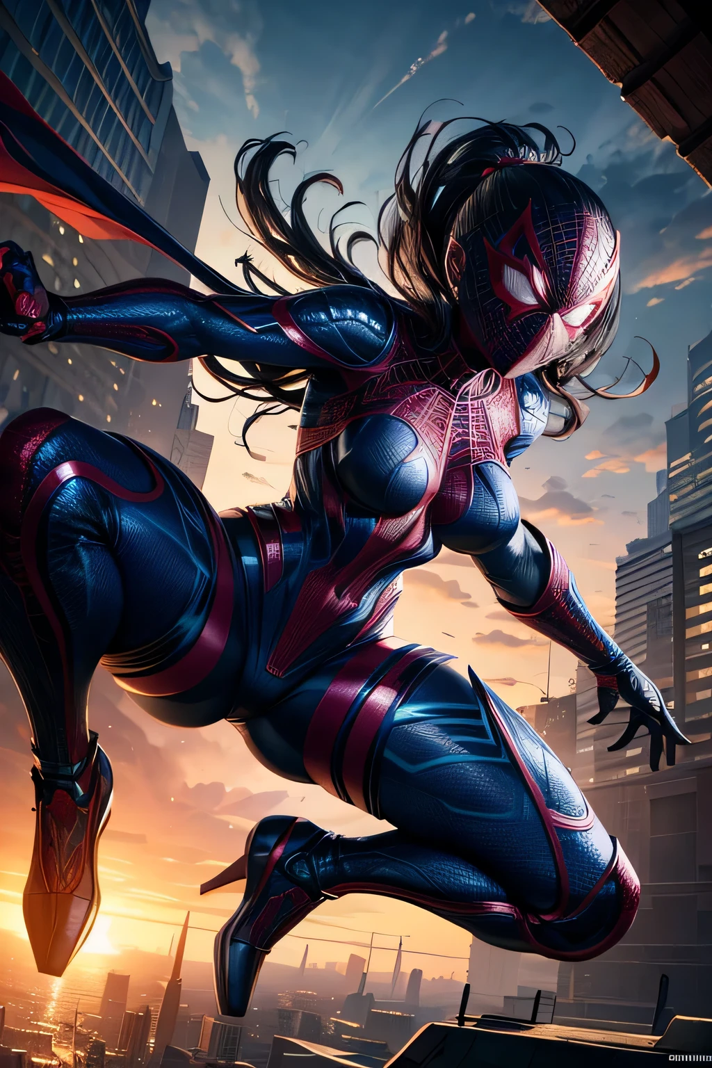 Superhero Spidergirl, full face mask,on roof, combat stance, highly detailed, vibrant appearance, creative behavior, extremly detailed, imaginative, , spontaneous, highest quality, skin texture, intricate details, (cinematic lighting), RAW photo, 8k, masterpiece,best quality,ultra-detailed,very detailed illustrations,extremely detailed,intricate details,highres,super complex details,extremely detailed 8k cg wallpaper,