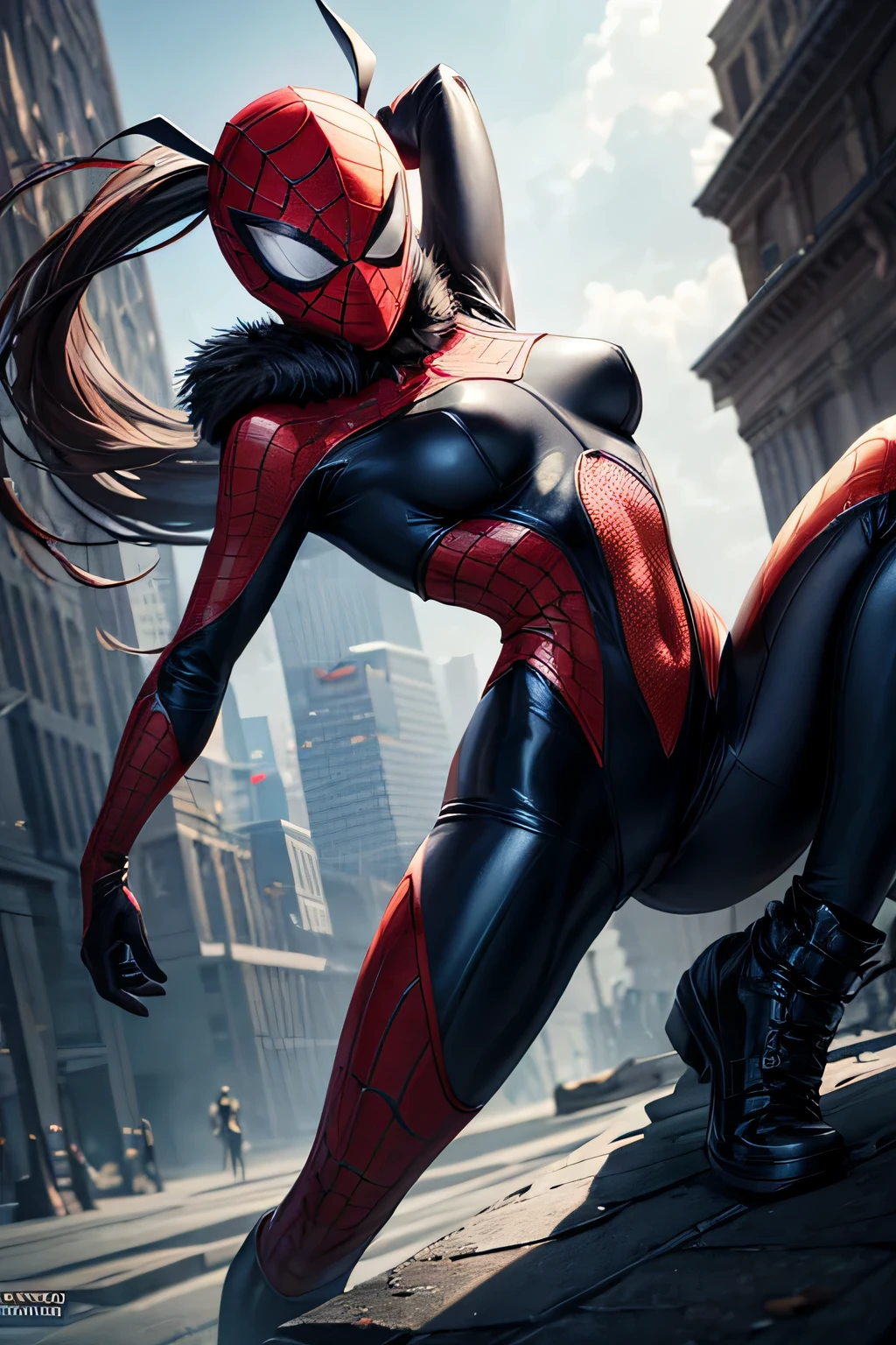 Superhero Spidergirl, full face mask,on roof, combat stance, highly detailed, vibrant appearance, creative behavior, extremly detailed, imaginative, , spontaneous, highest quality, skin texture, intricate details, (cinematic lighting), RAW photo, 8k, masterpiece,best quality,ultra-detailed,very detailed illustrations,extremely detailed,intricate details,highres,super complex details,extremely detailed 8k cg wallpaper,