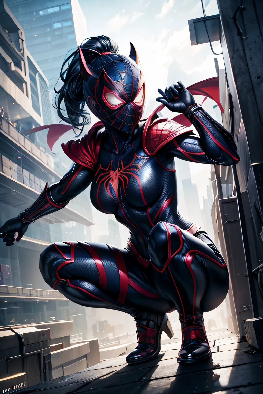 Superhero Spidergirl, full face mask,on roof, combat stance, highly detailed, vibrant appearance, creative behavior, extremly detailed, imaginative, , spontaneous, highest quality, skin texture, intricate details, (cinematic lighting), RAW photo, 8k, masterpiece,best quality,ultra-detailed,very detailed illustrations,extremely detailed,intricate details,highres,super complex details,extremely detailed 8k cg wallpaper,