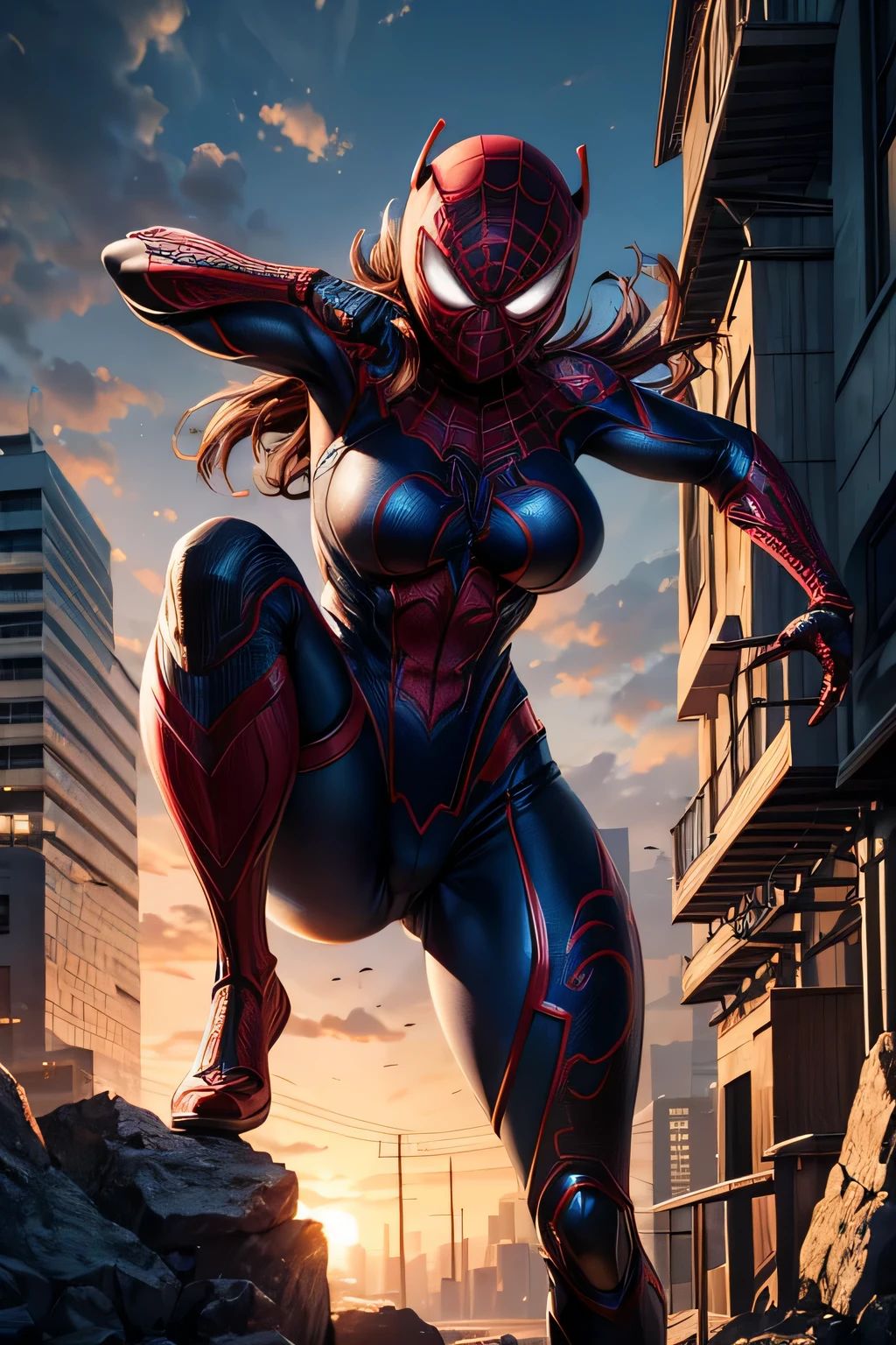 Superhero Spidergirl, full face mask,on roof, combat stance, highly detailed, vibrant appearance, creative behavior, extremly detailed, imaginative, , spontaneous, highest quality, skin texture, intricate details, (cinematic lighting), RAW photo, 8k, masterpiece,best quality,ultra-detailed,very detailed illustrations,extremely detailed,intricate details,highres,super complex details,extremely detailed 8k cg wallpaper,
