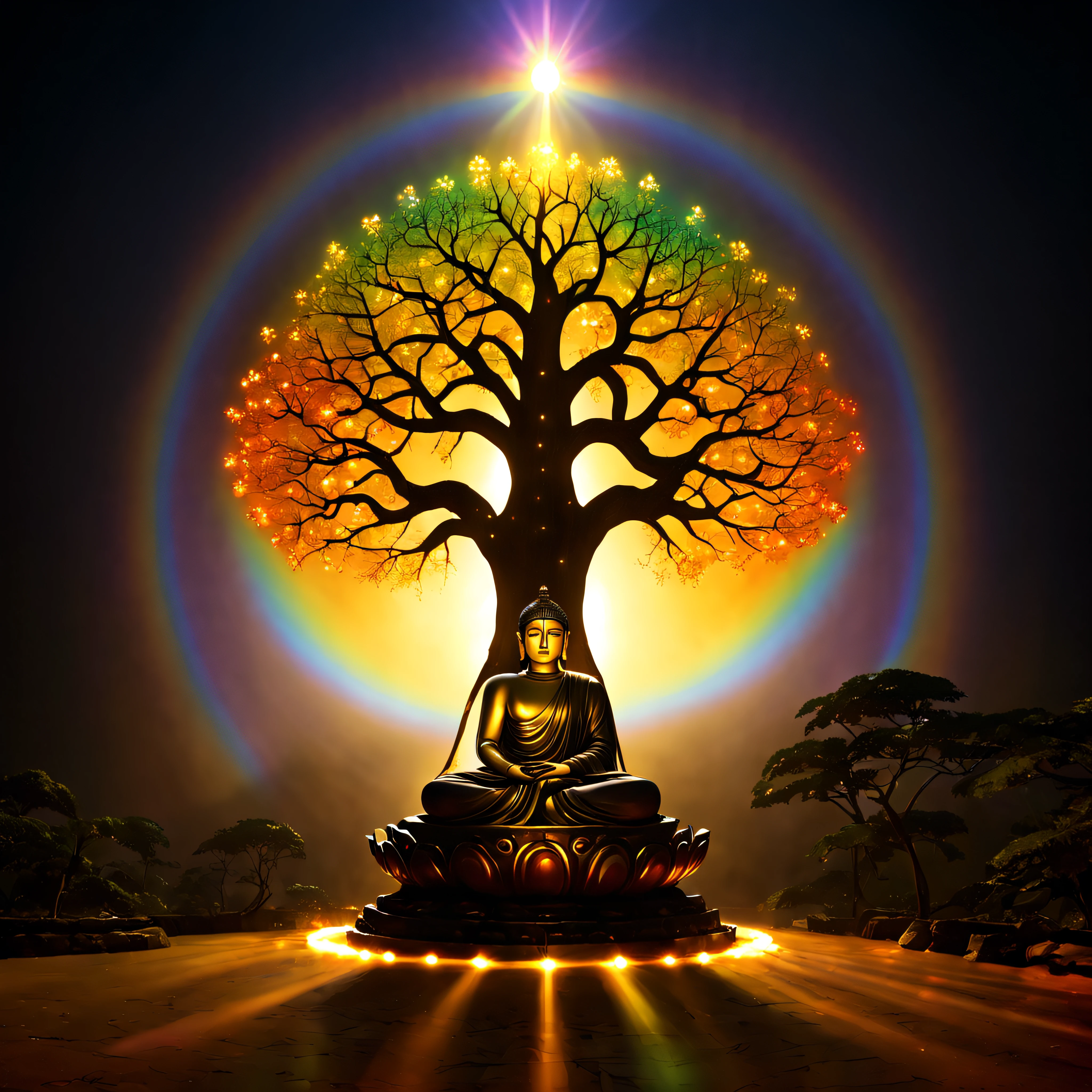 Bodhi tree, symbol of Buddhism, iridescent in rainbow colors, with a golden aura around him with a very bright divine light descending from the sky, (fundo preto para destacar a figura), High Definition Image, detalhamento alto e estilo fotorrealismo. Imagem com pelo menos 300 dpi, UHD 8k