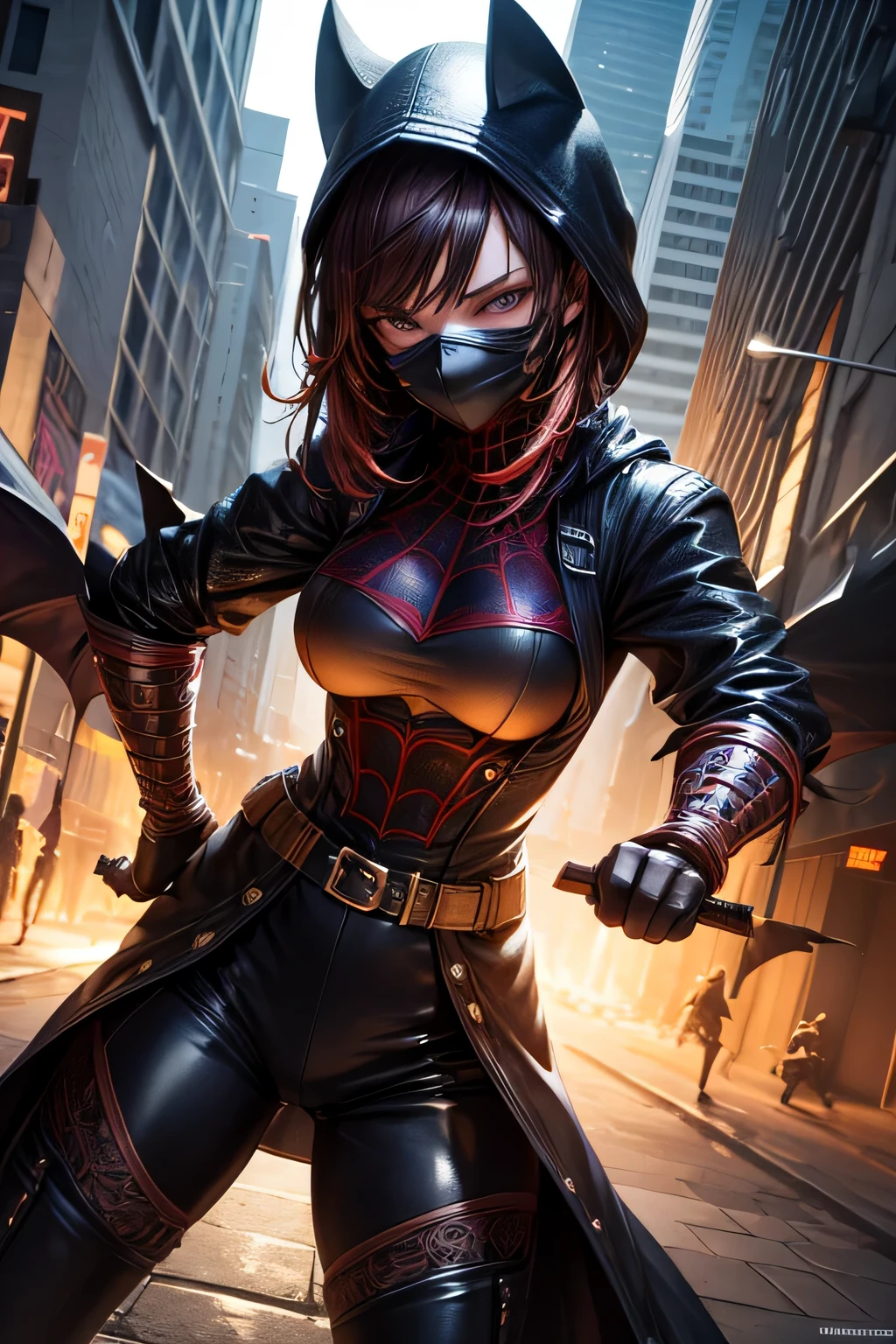 Superhero Spidergirl, dark vintage costume, dark long trenchcoat, full face mask,on roof, combat stance, highly detailed, vibrant appearance, creative behavior, extremly detailed, imaginative, , spontaneous, highest quality, skin texture, intricate details, (cinematic lighting), RAW photo, 8k, masterpiece,best quality,ultra-detailed,very detailed illustrations,extremely detailed,intricate details,highres,super complex details,extremely detailed 8k cg wallpaper,