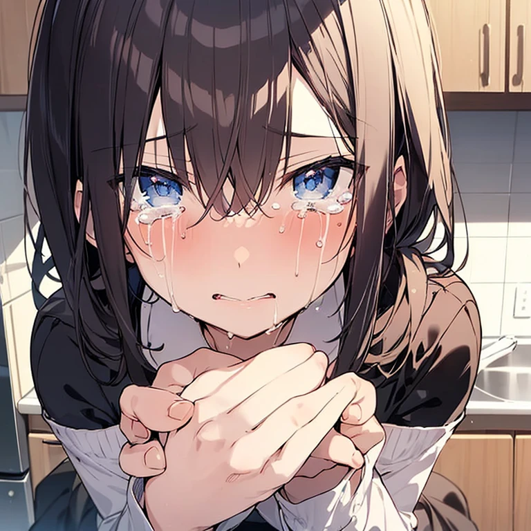 (looking at viewer, open eyes, alone, closeup face, typemoon, official art, ), solo, 1female,  crying female, kitchen, embarrassed,  hands on cheeks, cool face, front face,