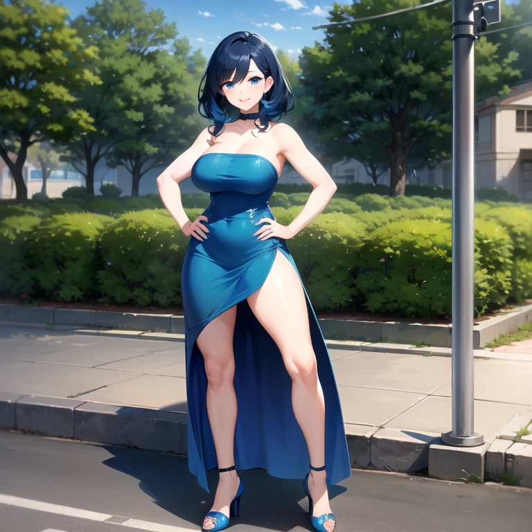 1girl, solo, mature female, milf, motherly, older female, dark-skinned female, wavy hair, short hair, blue hair, blue eyes, swept bangs, blue dress, strapless dress, tube dress, blue high heels, smile, standing, hands on hips, looking at viewer, outdoors