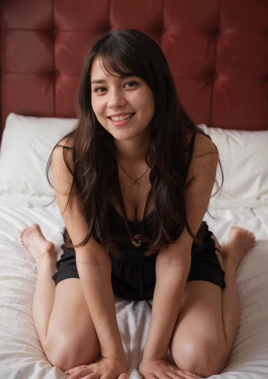 Full body photo of a pretty young 1girl, laughing,  big cheeks, very long hair,  black hair, side-swept bangs, side fring hair,  wearing elegant red dress steampunk items, Chain Necklace, Full body, lay down on bed , best quality, realistic, 8k,