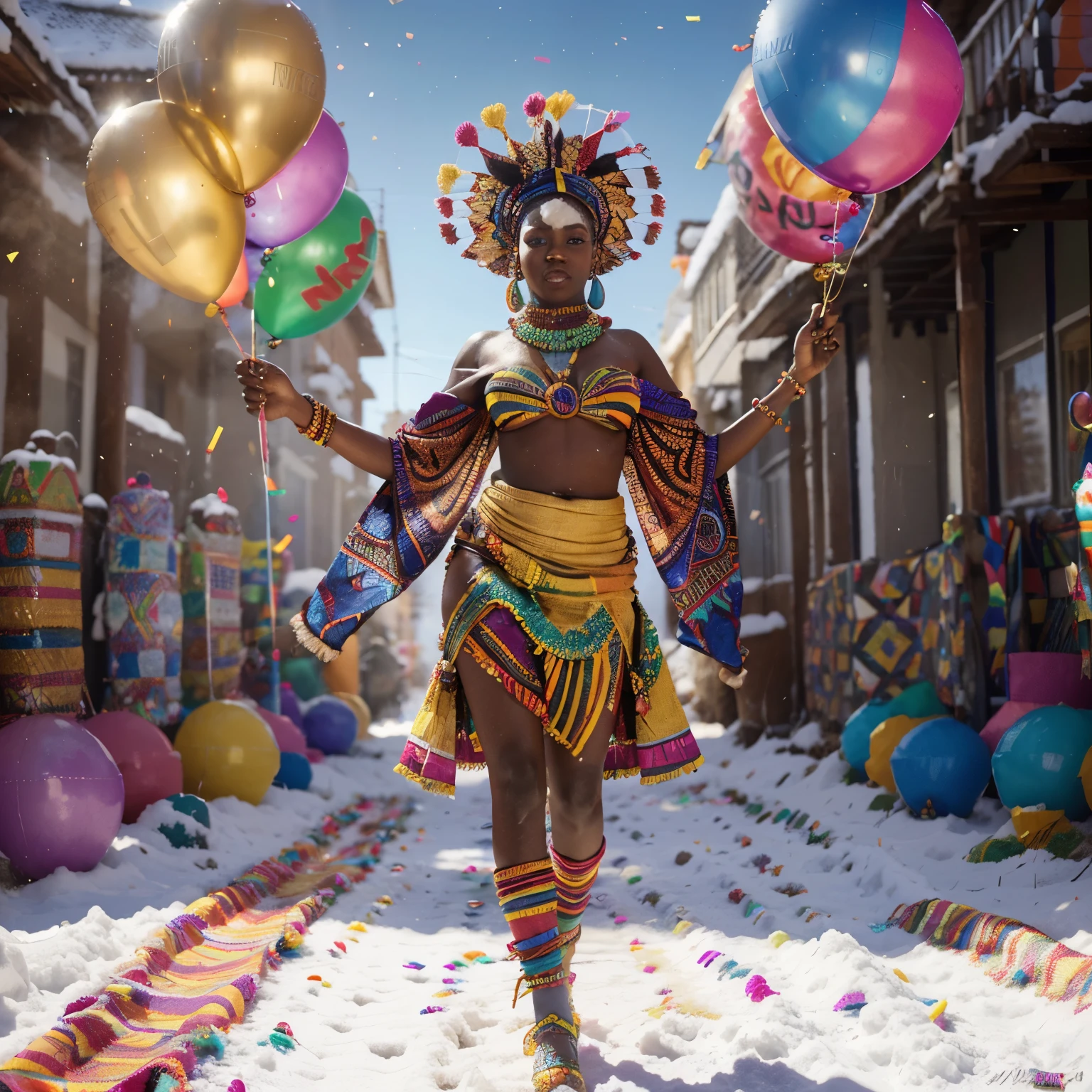 Full body shot of an African snow woman dressed in colourful african clothes, with beads and african designed headdress standing in snow, surrounded by vibrant and colourful balloons with colourful smoke, with confetti floating in air, beautiful and vibrant daylight shining, with iridescent light, cinematic lighting, 32k, ultra HD, unreal engine rendered, hyper-realistic image, artgerm style